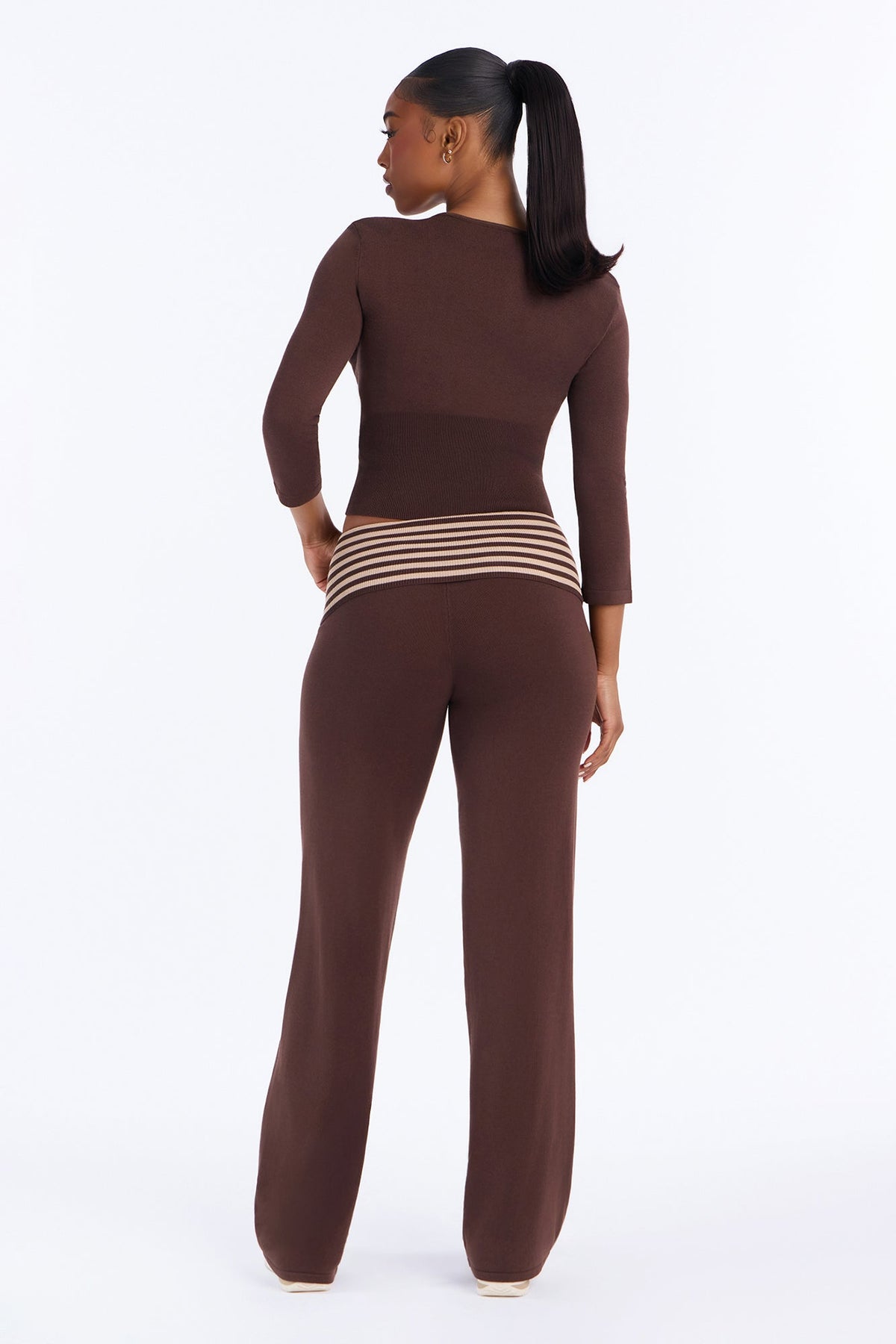 Celia Contrast Sweater Pant Set - Brown