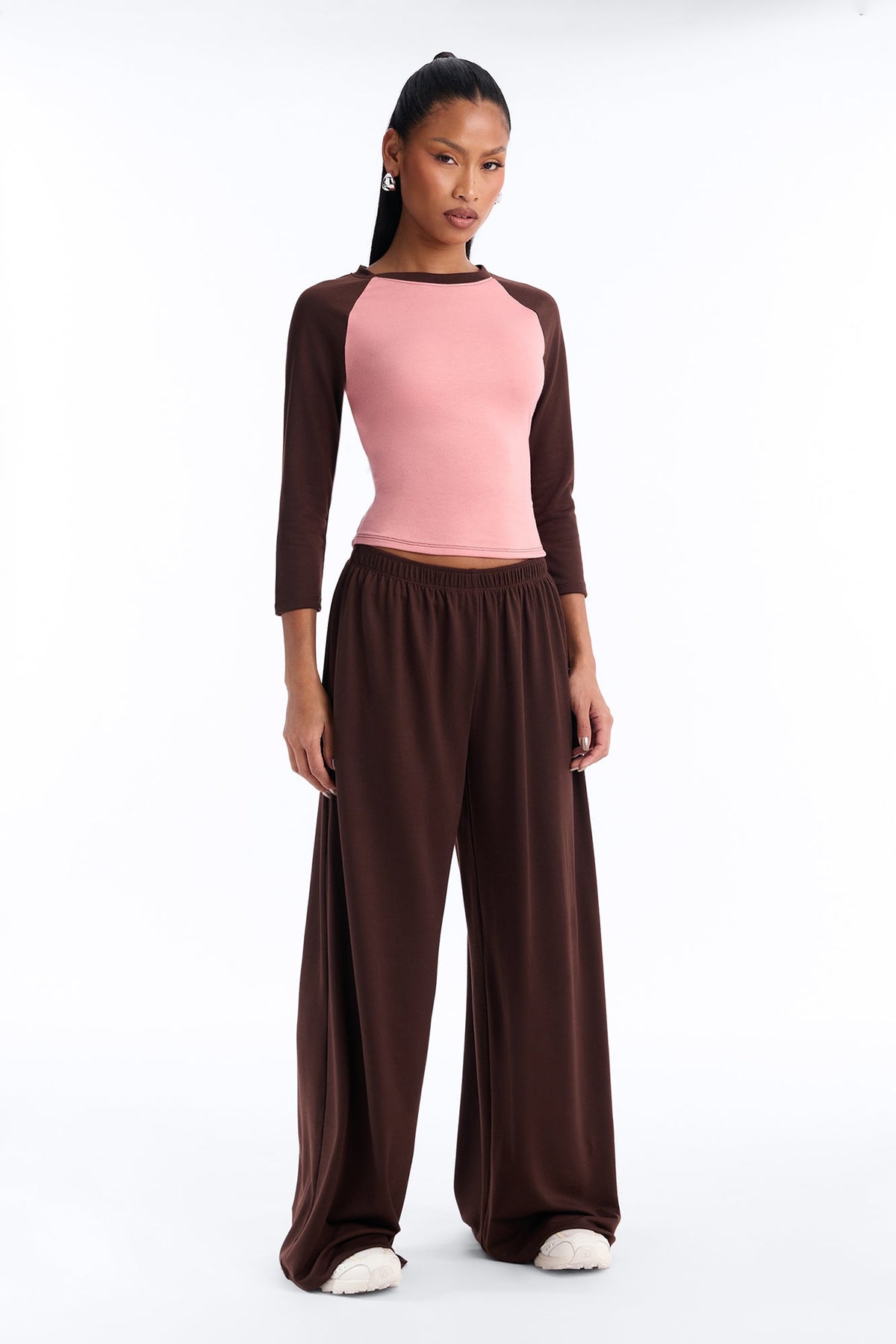 Raya 3/4 Sleeve Raglan Wide Leg Pant Set - Brown/combo
