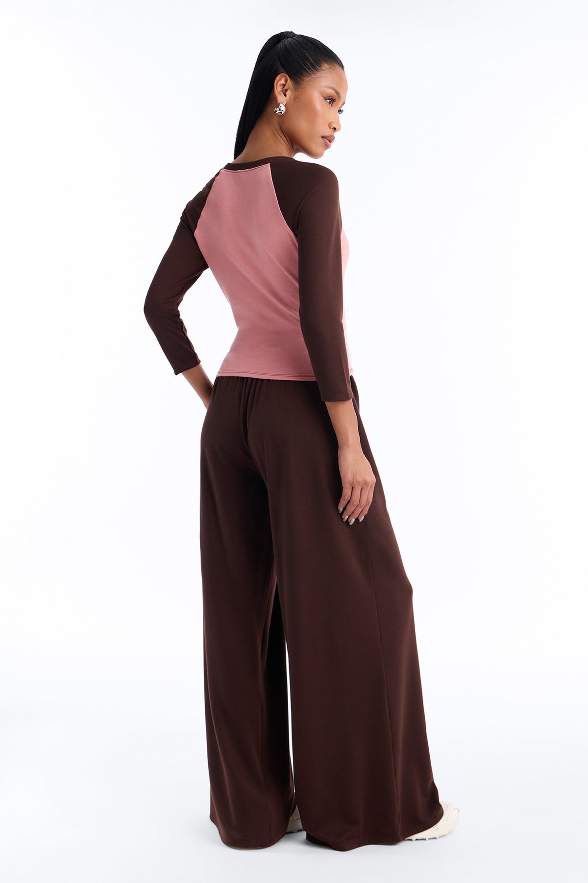 Raya 3/4 Sleeve Raglan Wide Leg Pant Set - Brown/combo