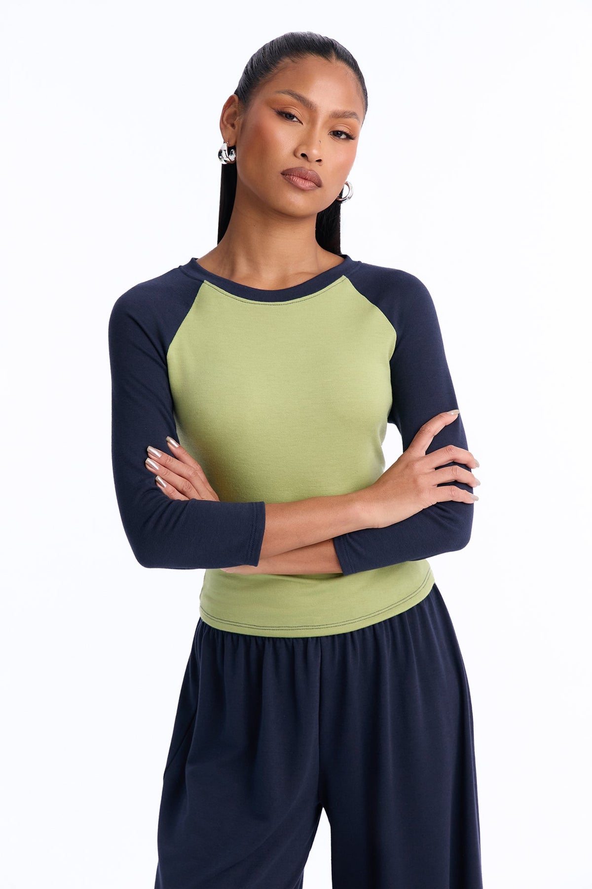 Raya 3/4 Sleeve Raglan Wide Leg Pant Set - Navy/combo