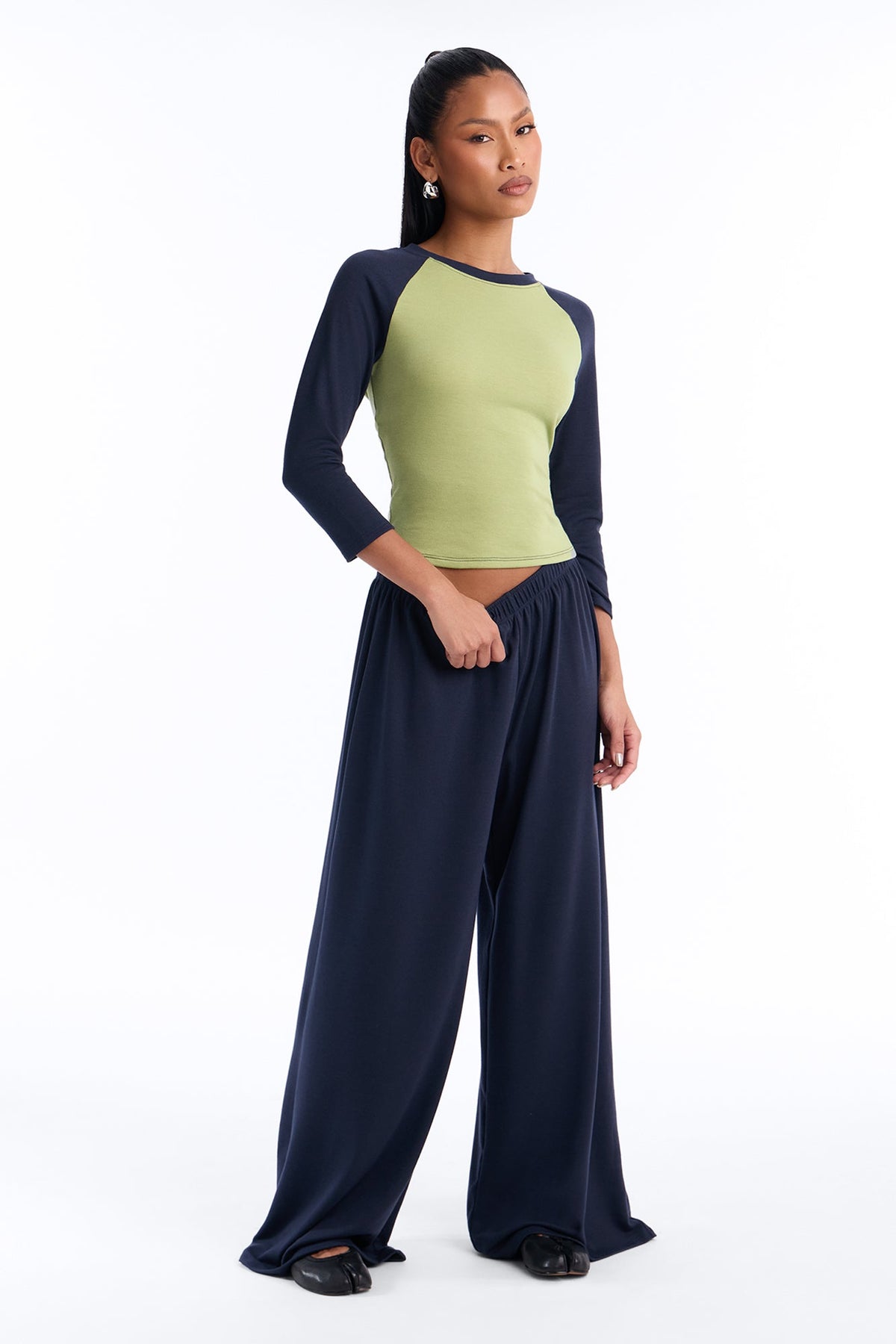 Raya 3/4 Sleeve Raglan Wide Leg Pant Set - Navy/combo