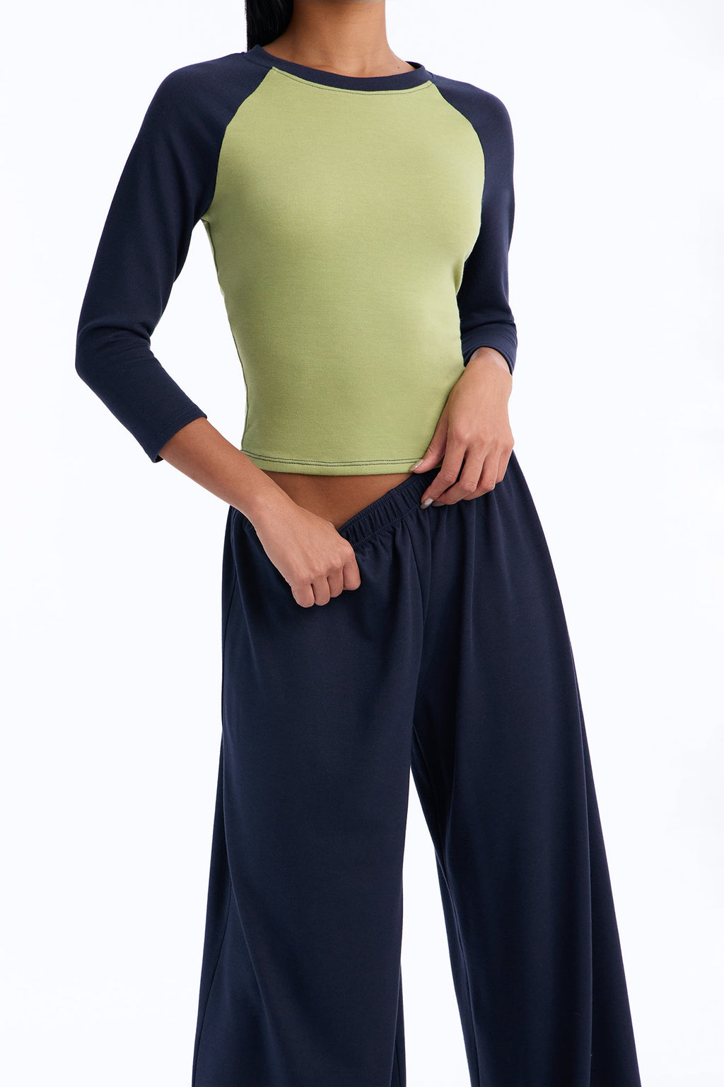 Raya 3/4 Sleeve Raglan Wide Leg Pant Set - Navy/combo
