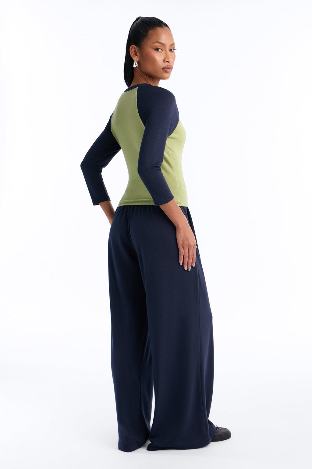 Raya 3/4 Sleeve Raglan Wide Leg Pant Set - Navy/combo