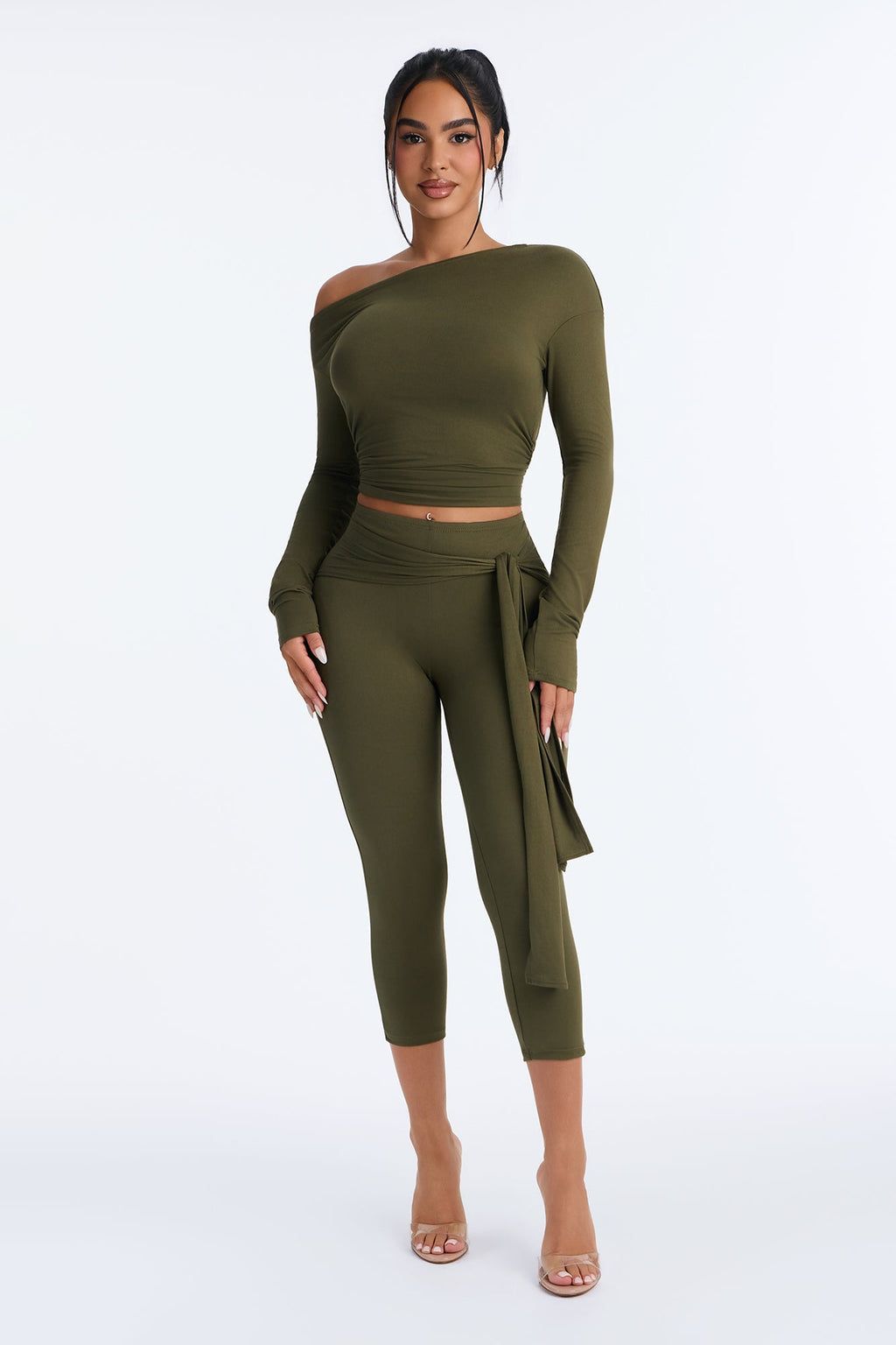 Leah Tie Waist Capri Set - Olive