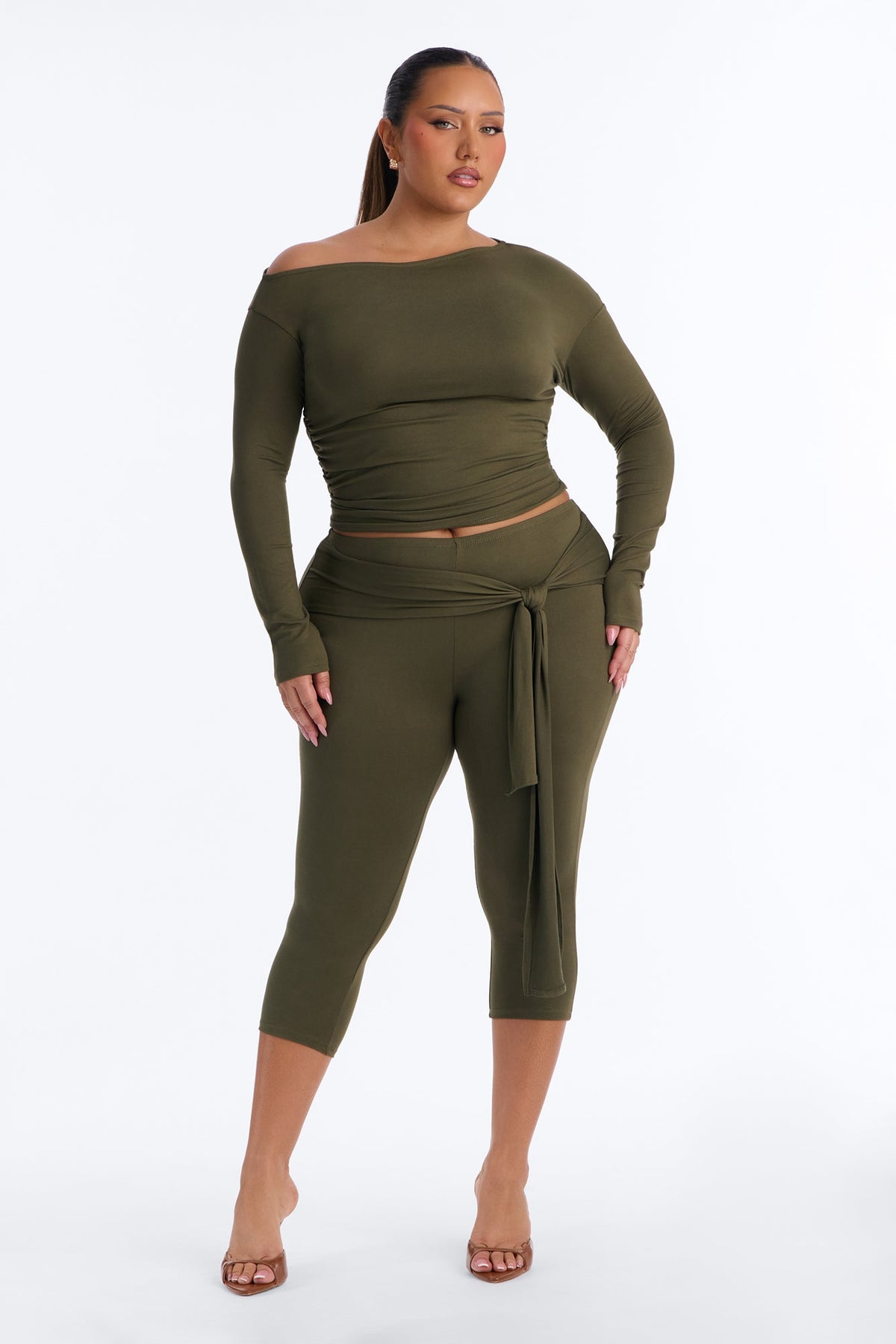 Leah Tie Waist Capri Set - Olive