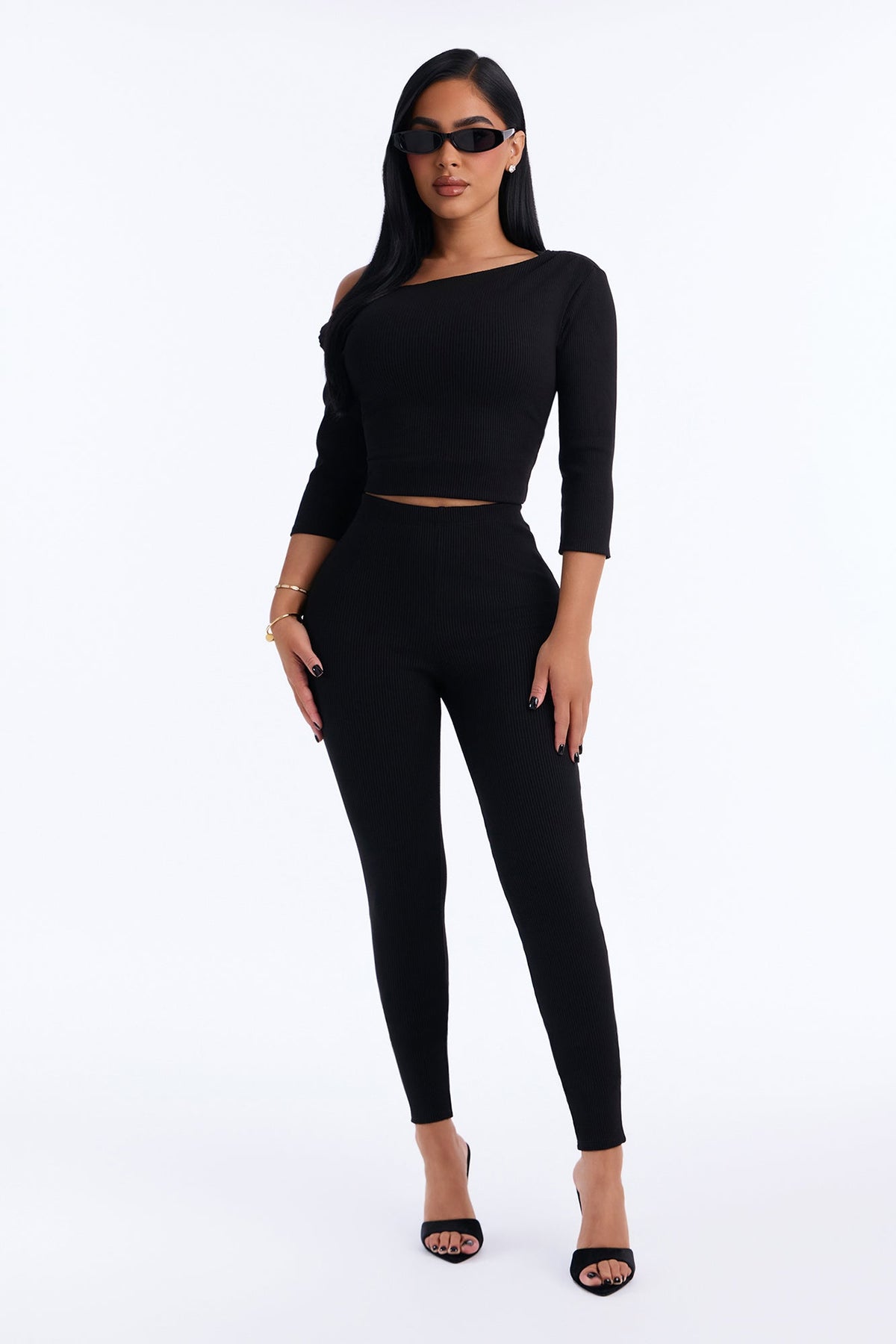 Ariella 3/4 Sleeve Snatched Pant Set - Black