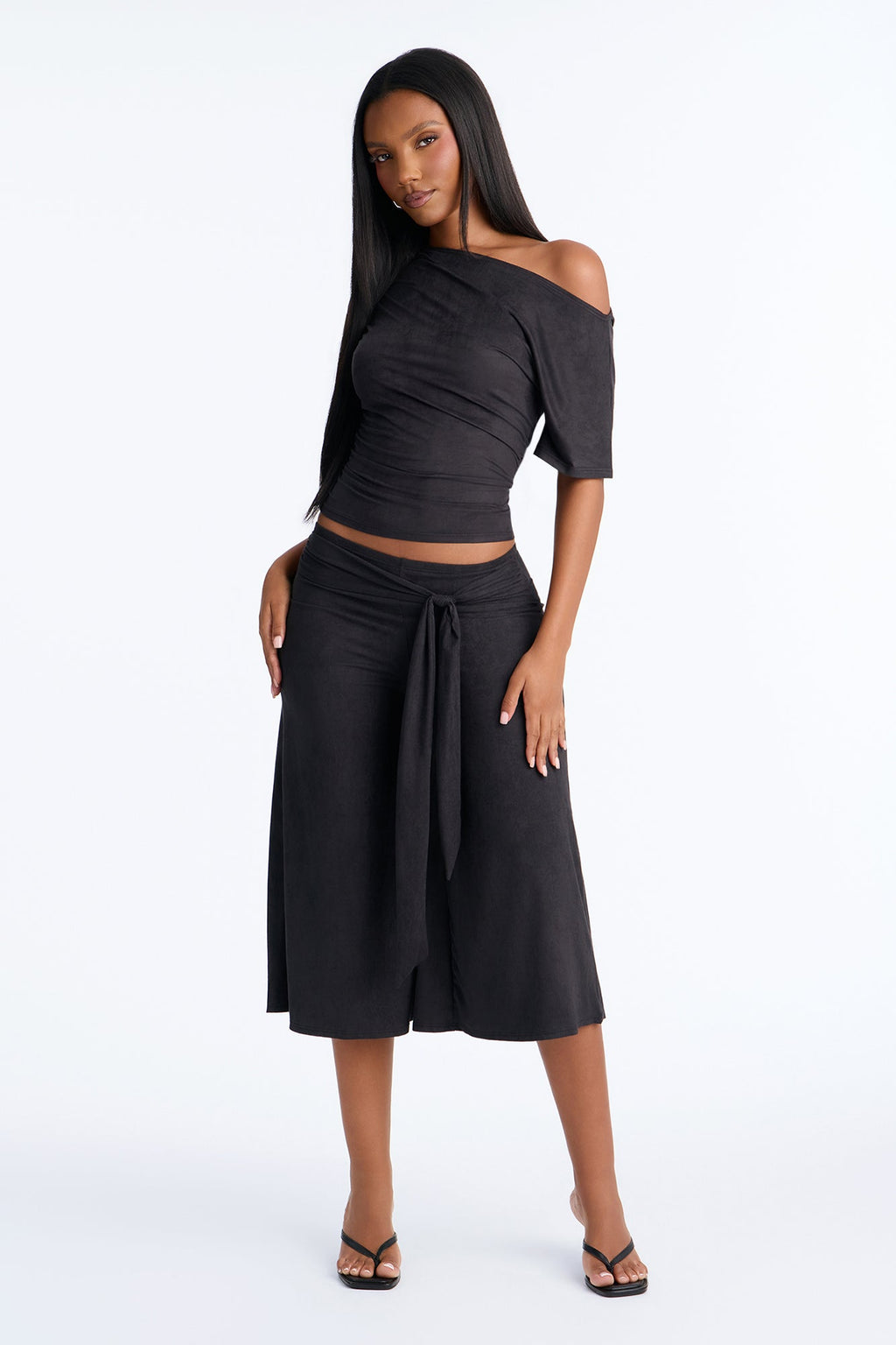 Amelie Faux Suede Gaucho Pant Set - Black