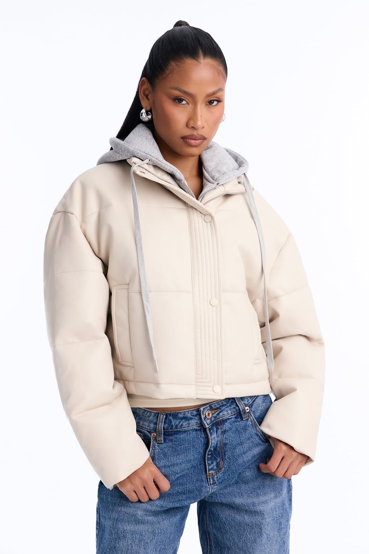 Blake Layered Faux Leather Puffer Jacket - Stone/Combo