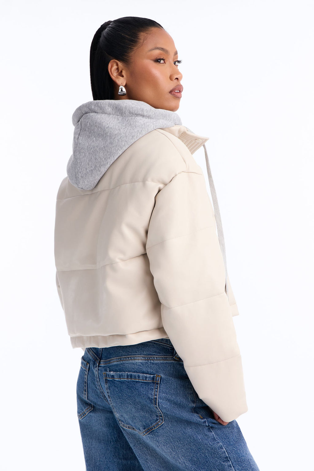 Blake Layered Faux Leather Puffer Jacket - Stone/Combo