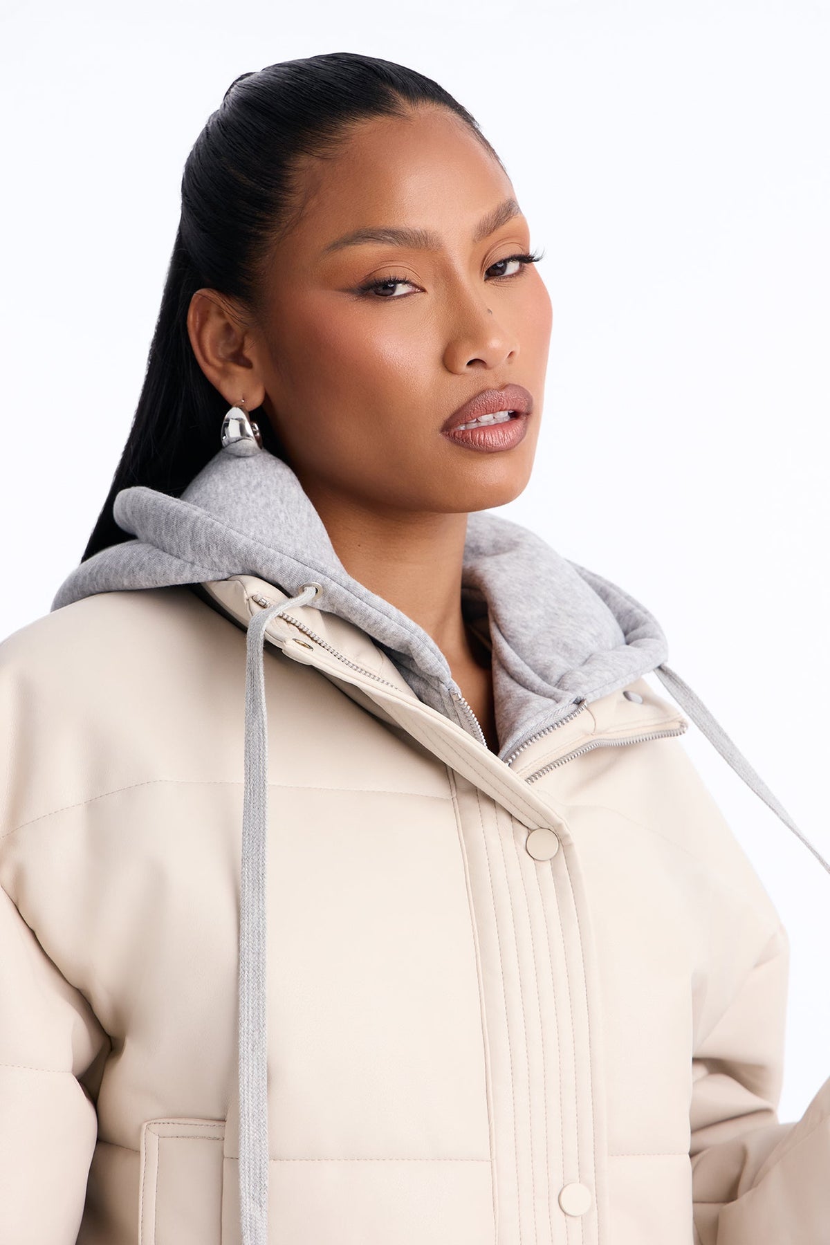 Blake Layered Faux Leather Puffer Jacket - Stone/Combo