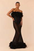 Regal Sheer Feather Trim Gown - Black