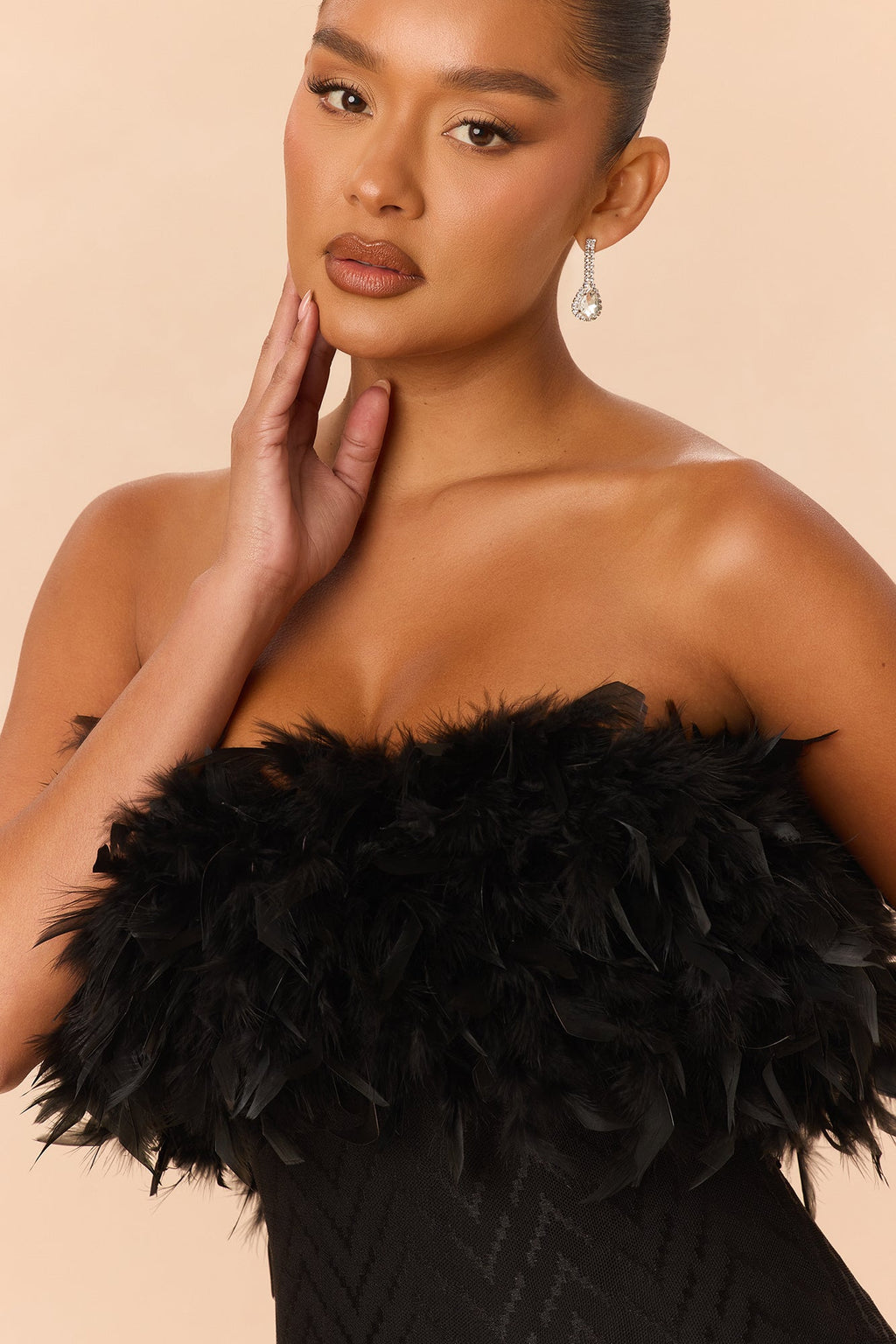 Regal Sheer Feather Trim Gown - Black