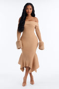 Rare Catch Off Shoulder Fur Sweater Midi Dress - Mocha