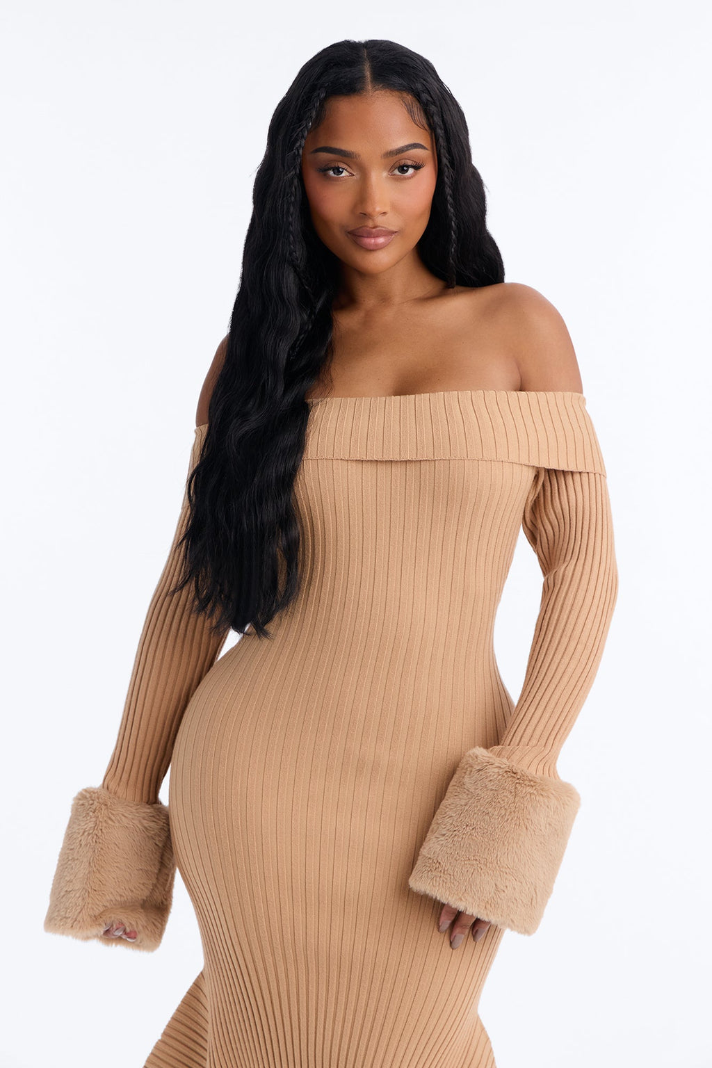 Rare Catch Off Shoulder Fur Sweater Midi Dress - Mocha