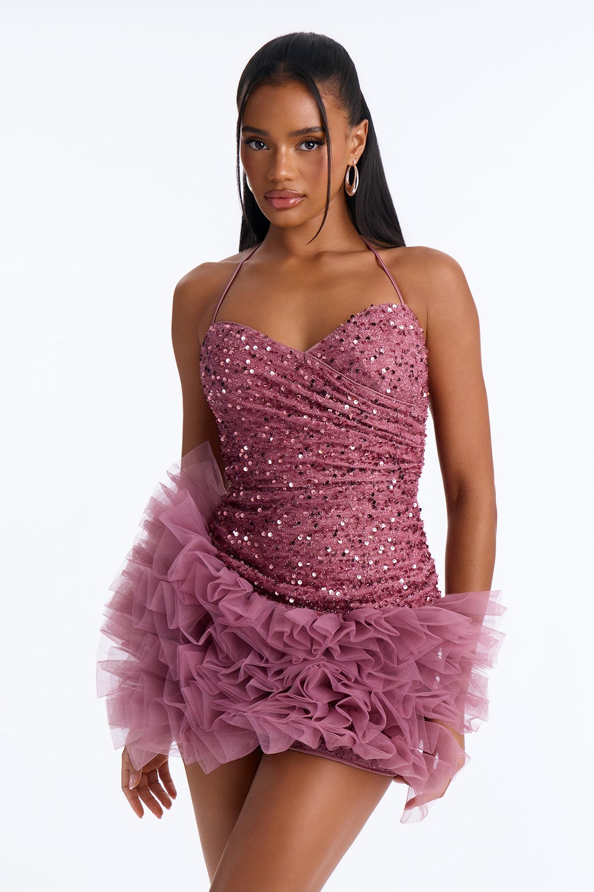 Zoey Tulle Sequin Mini Dress - Mauve