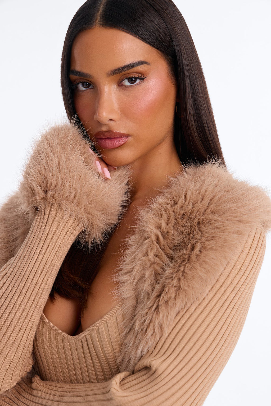Rare Catch Fur Cardigan Sweater Midi Dress Set - Mocha