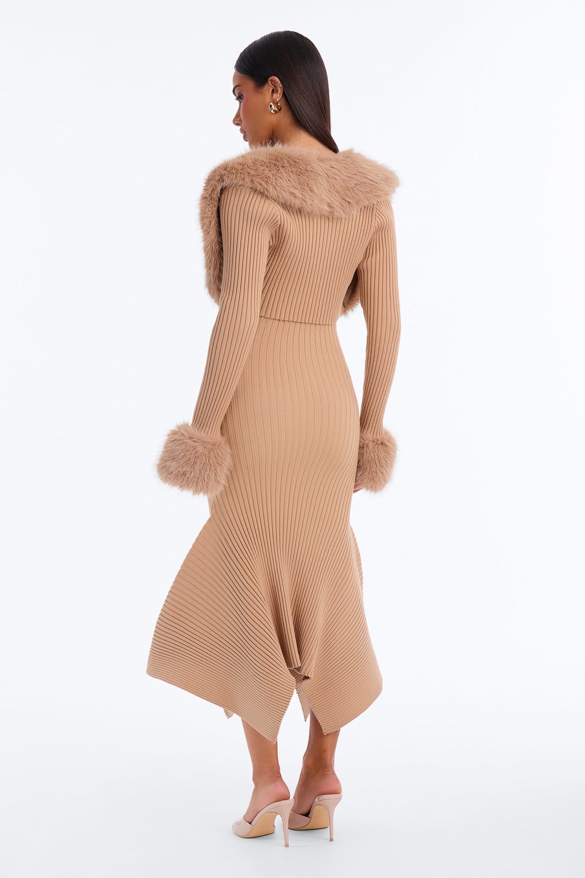 Rare Catch Fur Cardigan Sweater Midi Dress Set - Mocha