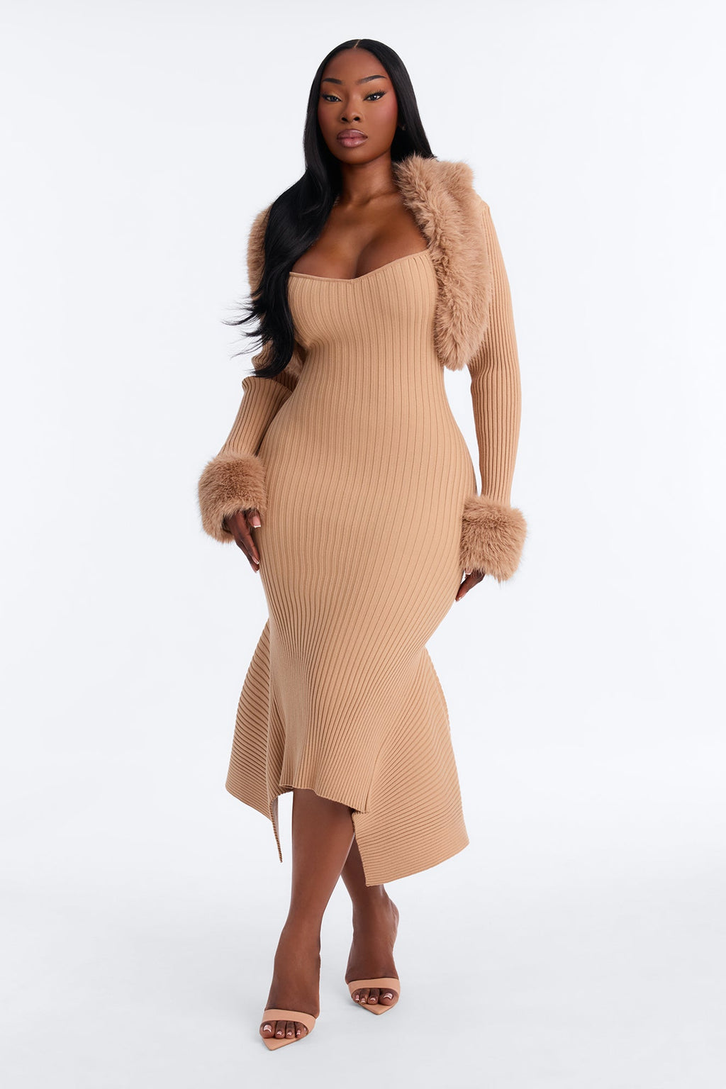 Rare Catch Fur Cardigan Sweater Midi Dress Set - Mocha