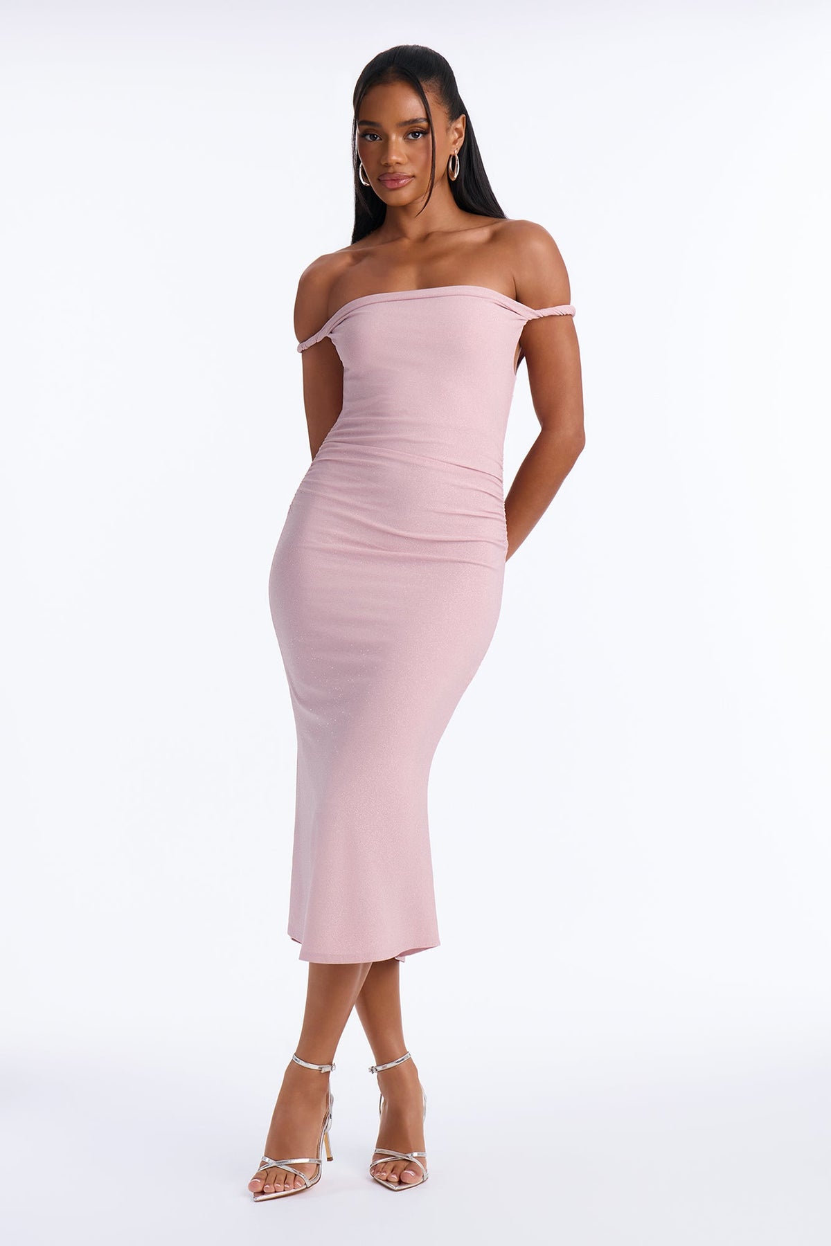 Precious Moment Off Shoulder Ruched Midi Dress - Rose Gold