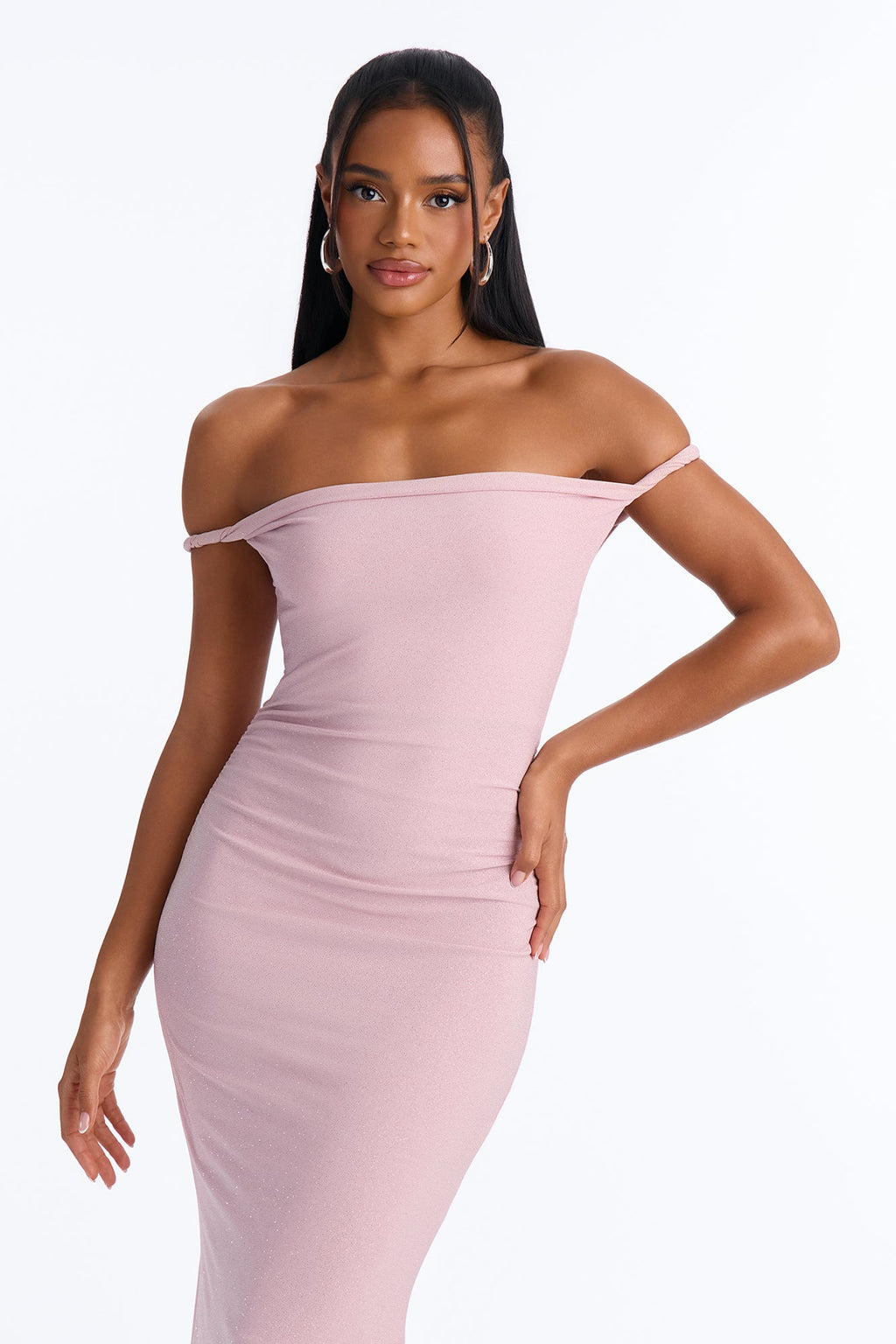 Precious Moment Off Shoulder Ruched Midi Dress - Rose Gold