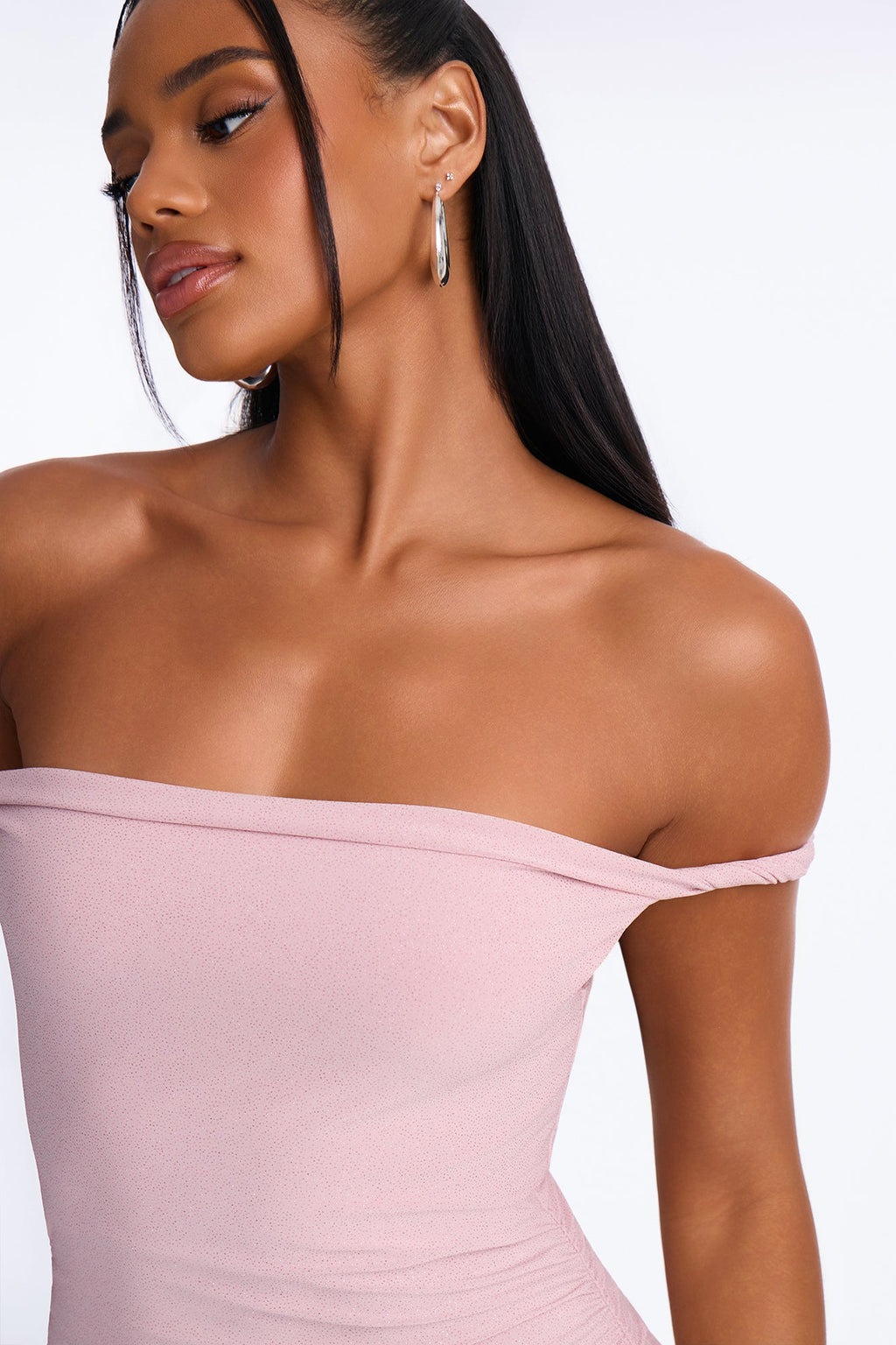 Precious Moment Off Shoulder Ruched Midi Dress - Rose Gold