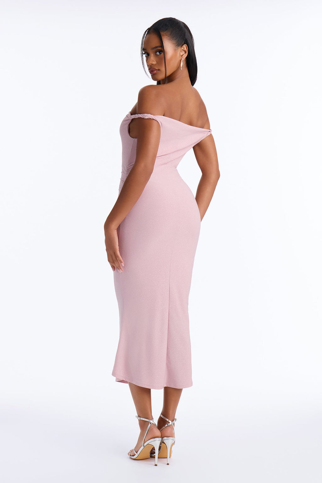 Precious Moment Off Shoulder Ruched Midi Dress - Rose Gold