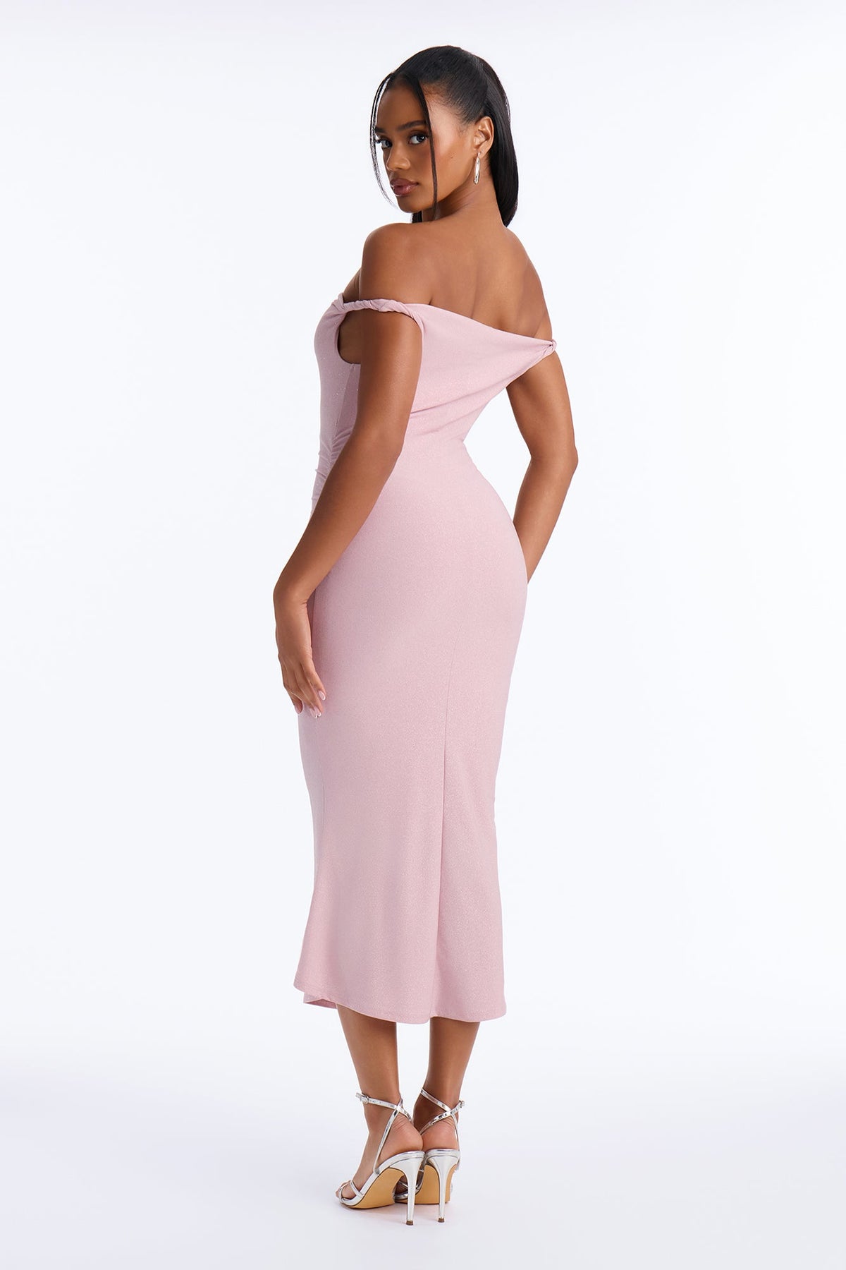 Precious Moment Off Shoulder Ruched Midi Dress - Rose Gold