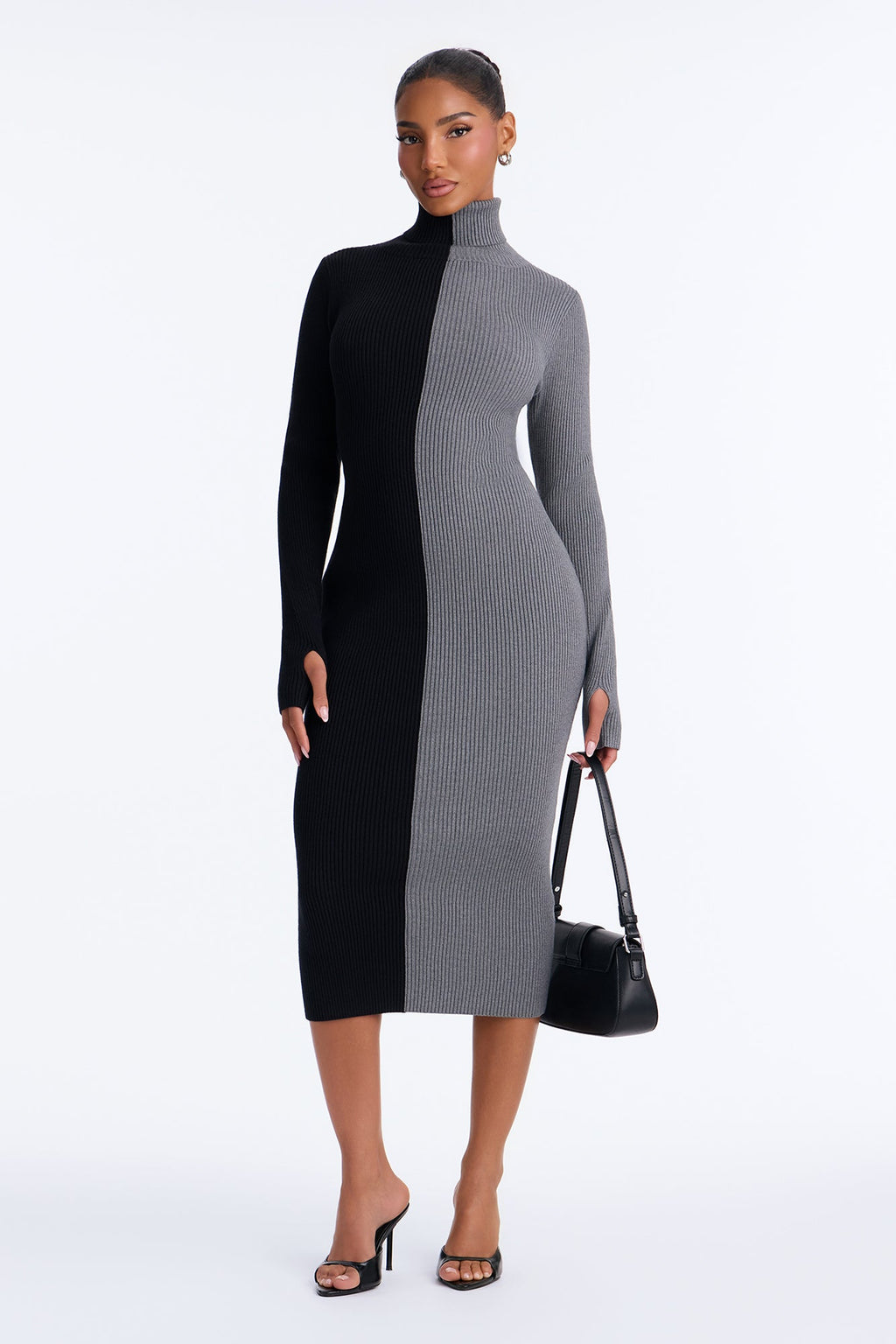 Two Cozy Vibes Turtle Neck Sweater Midi Dress - Black/Grey