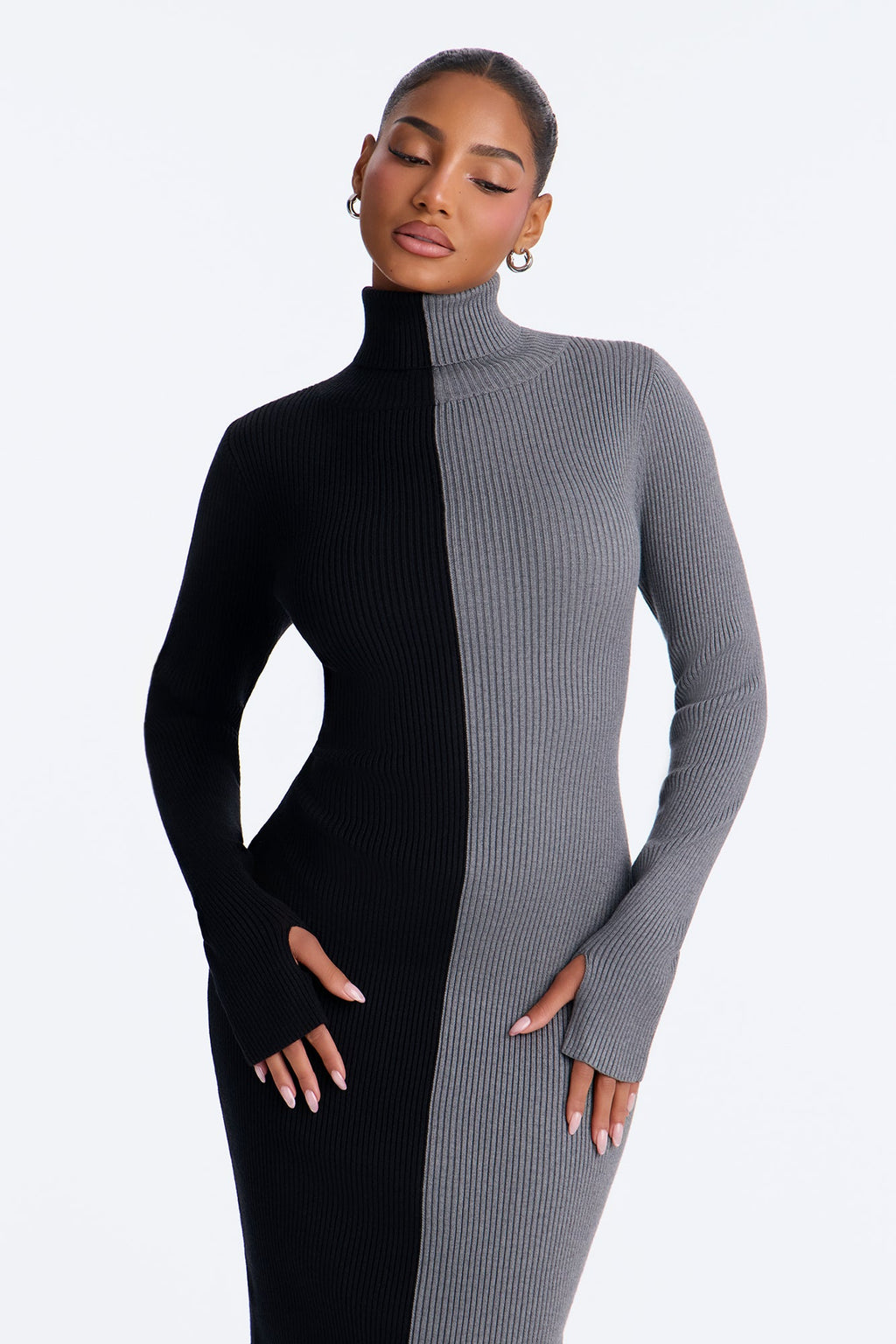 Two Cozy Vibes Turtle Neck Sweater Midi Dress - Black/Grey