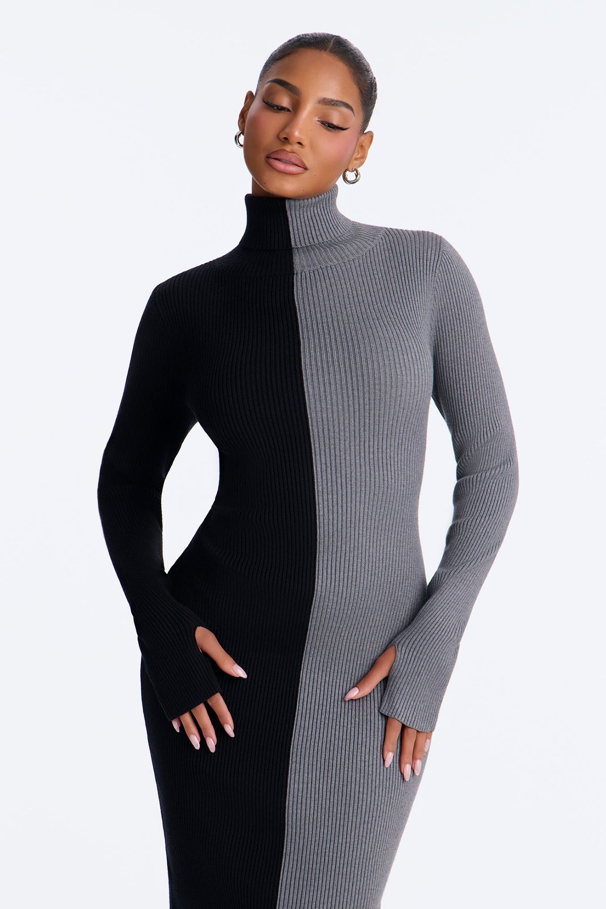 Two Cozy Vibes Turtle Neck Sweater Midi Dress - Black/Grey