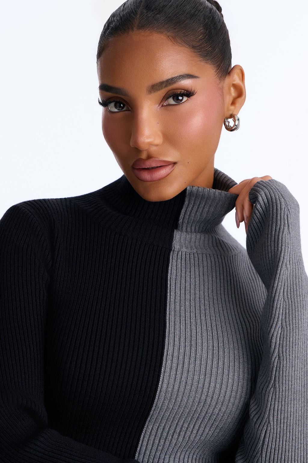 Two Cozy Vibes Turtle Neck Sweater Midi Dress - Black/Grey