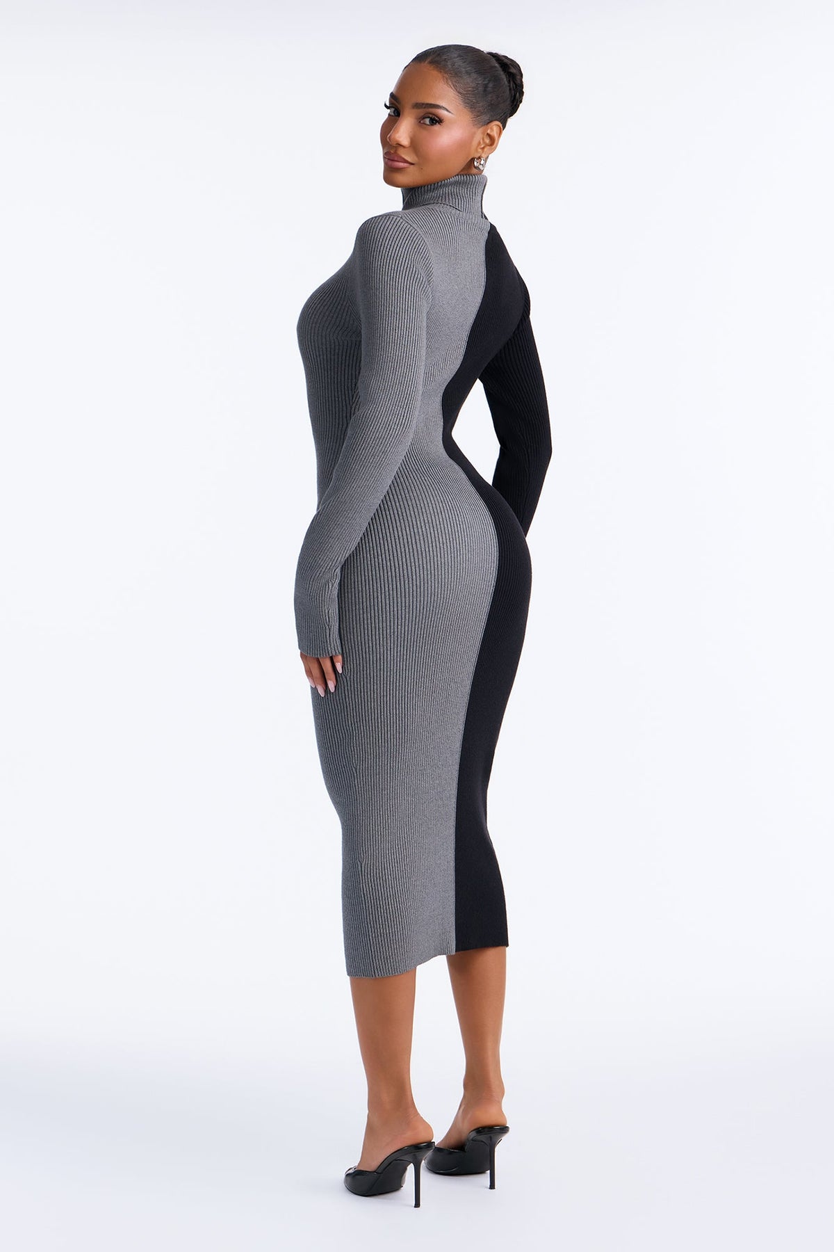 Two Cozy Vibes Turtle Neck Sweater Midi Dress - Black/Grey