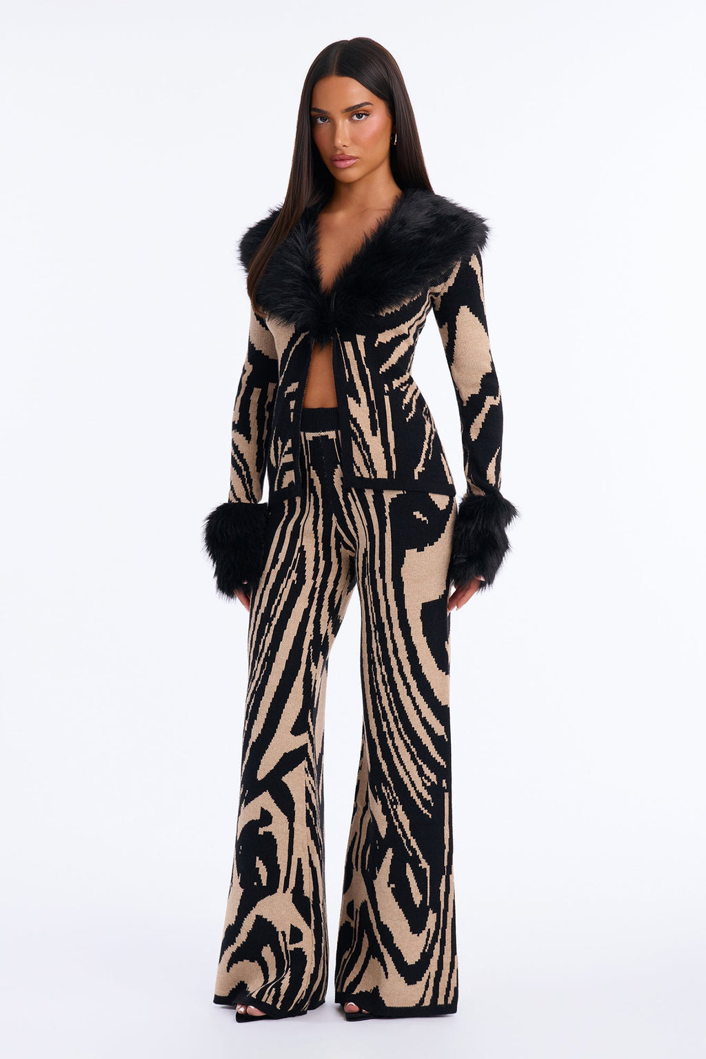Gia Fur Trim Sweater Pant Set - Black/combo