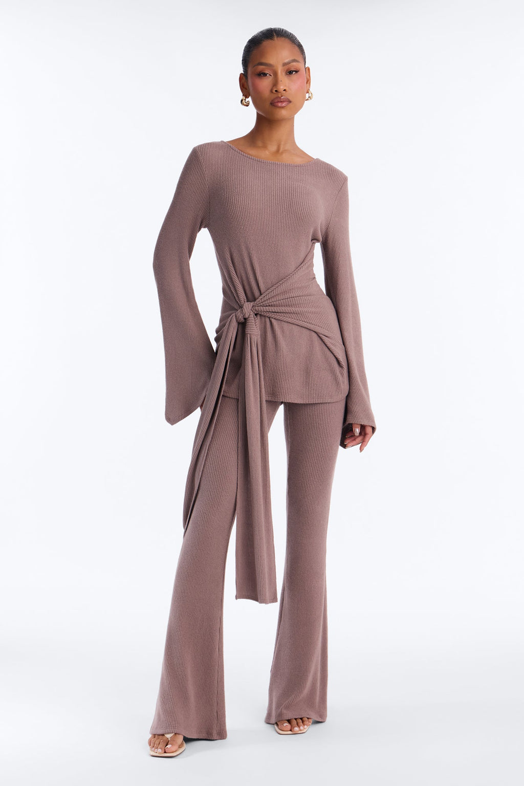 Zoe Knotted Cozy Hacci Pant Set - Mocha