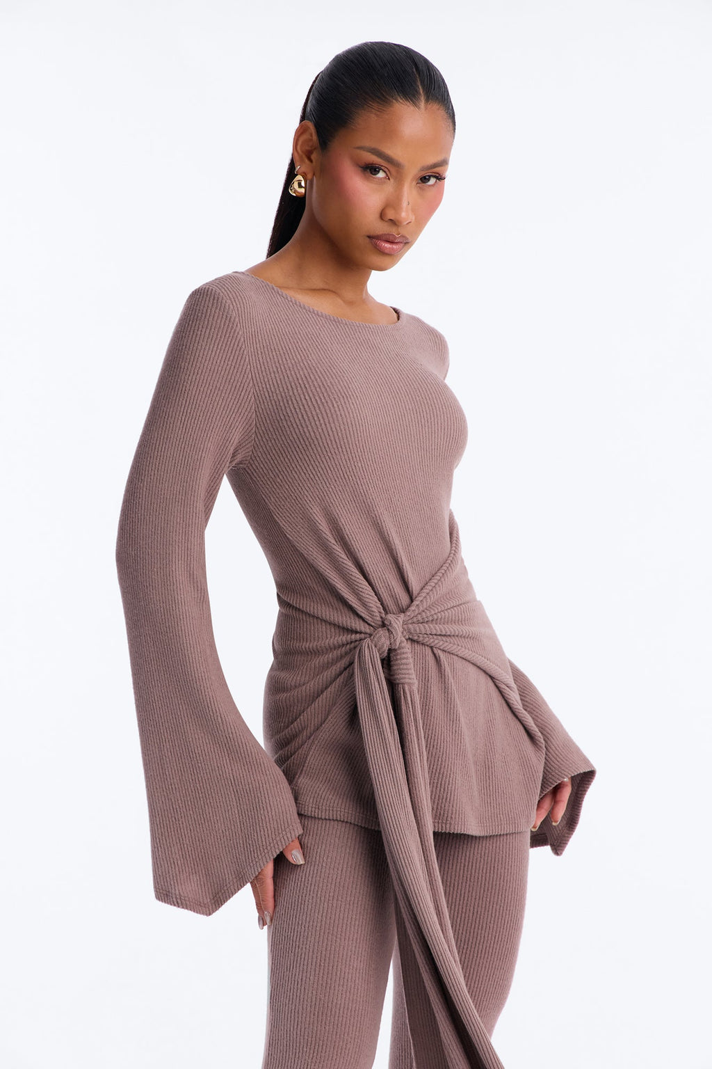 Zoe Knotted Cozy Hacci Pant Set - Mocha