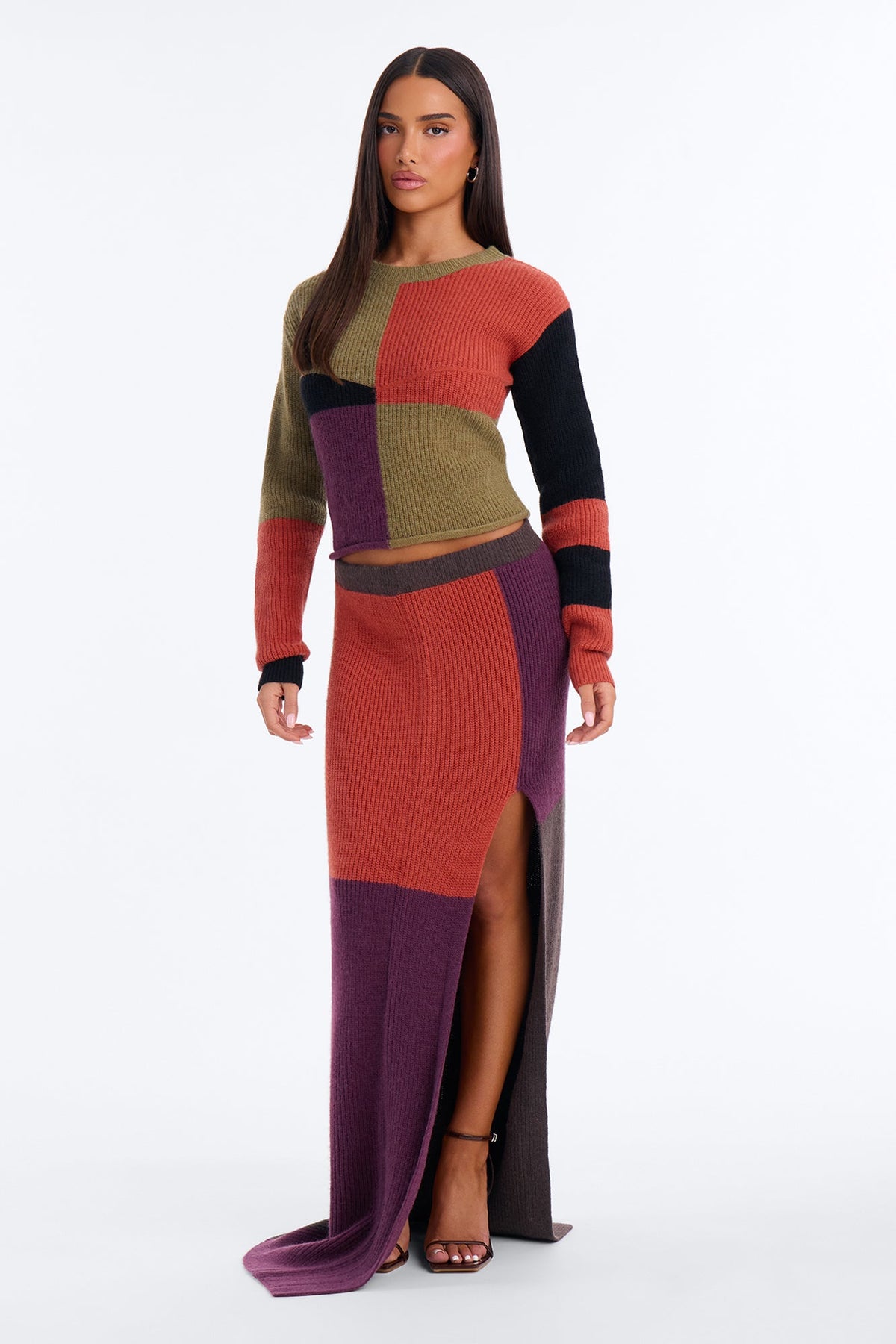 Erika Colorblock Sweater Skirt Set - Brown/combo