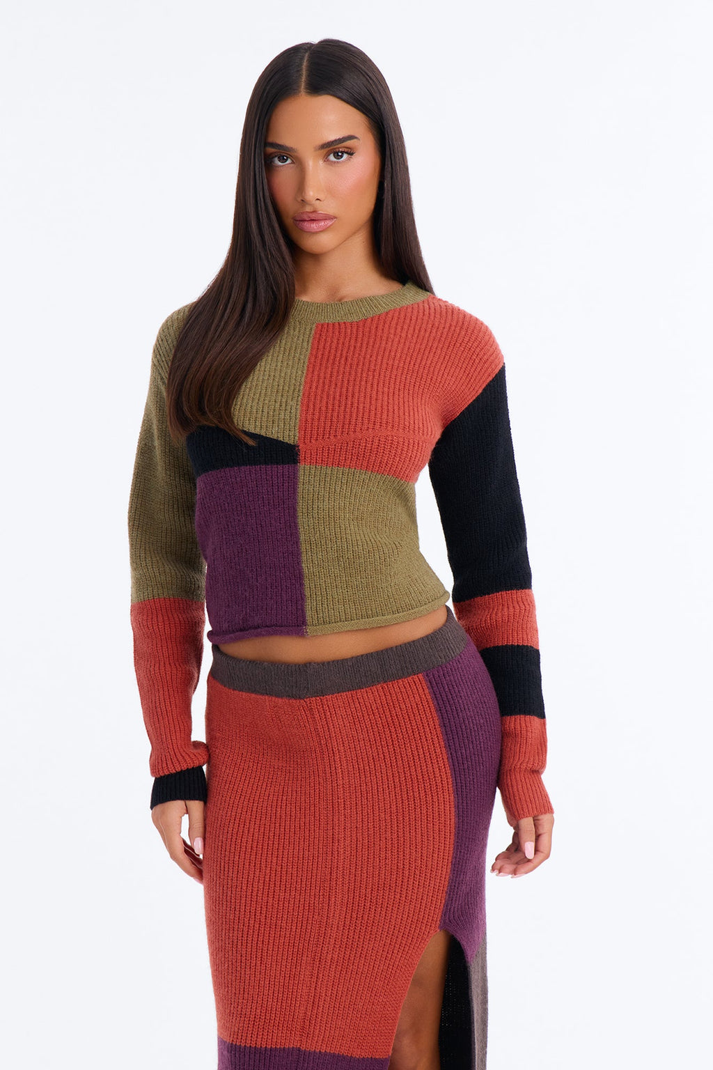 Erika Colorblock Sweater Skirt Set - Brown/combo