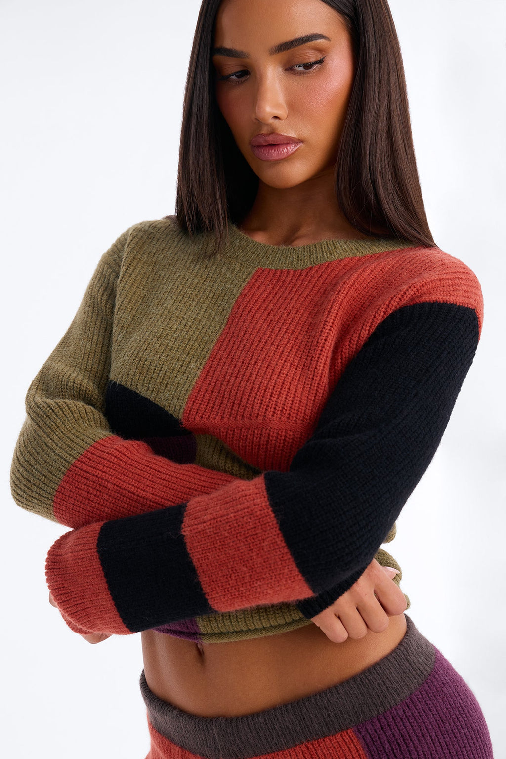 Erika Colorblock Sweater Skirt Set - Brown/combo