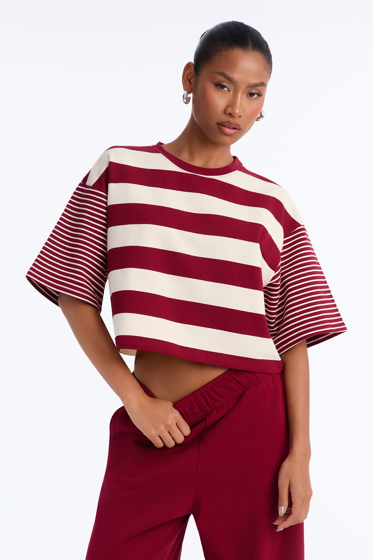 Leora Stripe French Terry Pant Set - Burgundy
