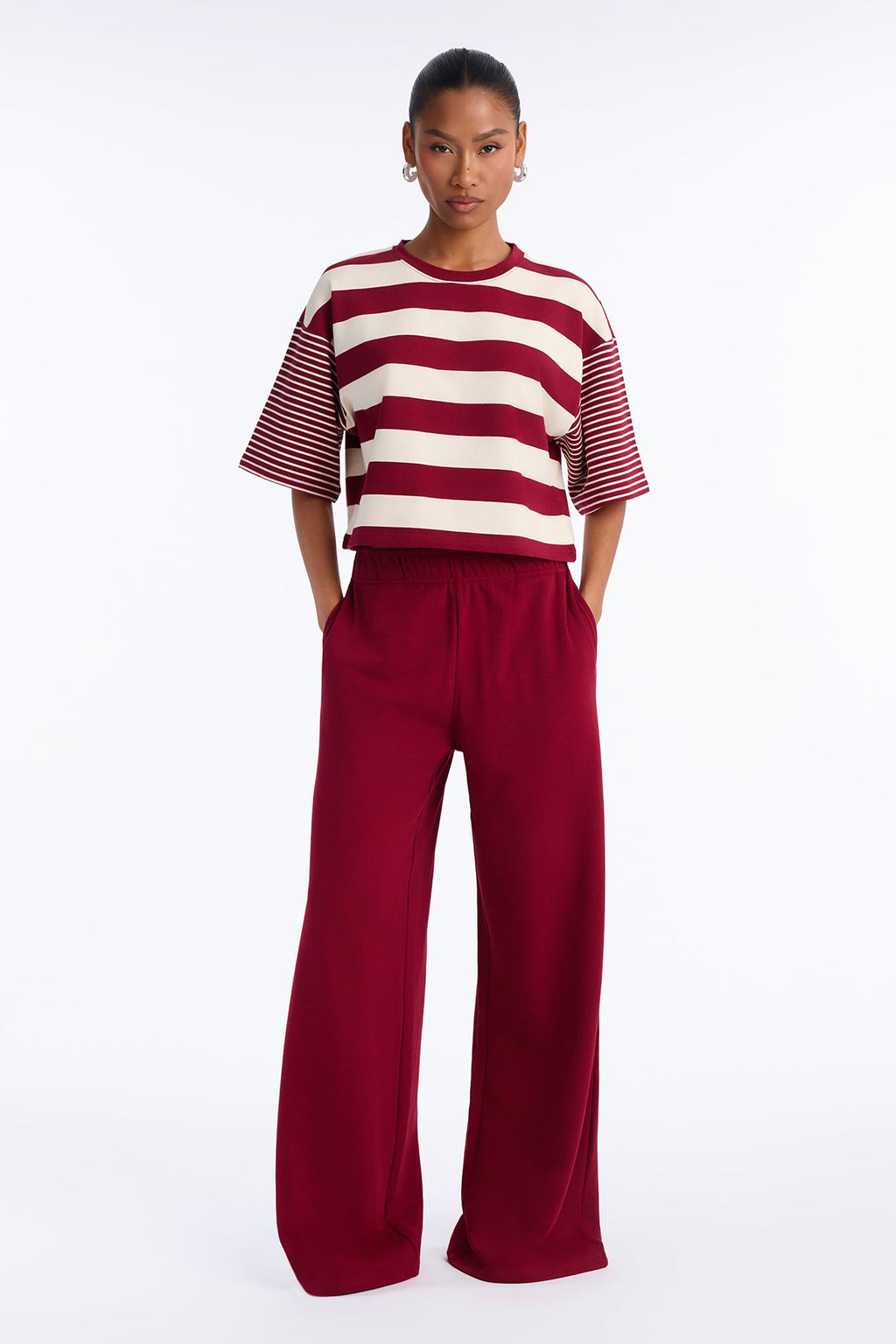 Leora Stripe French Terry Pant Set - Burgundy