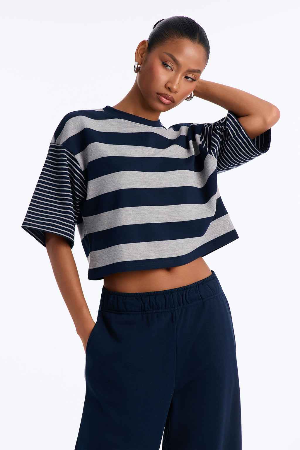 Leora Stripe French Terry Pant Set - Navy