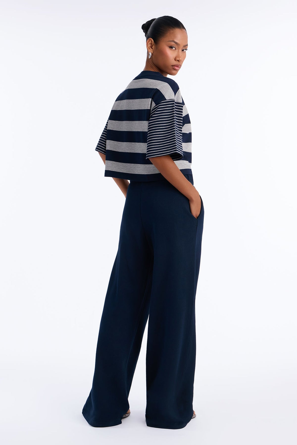 Leora Stripe French Terry Pant Set - Navy