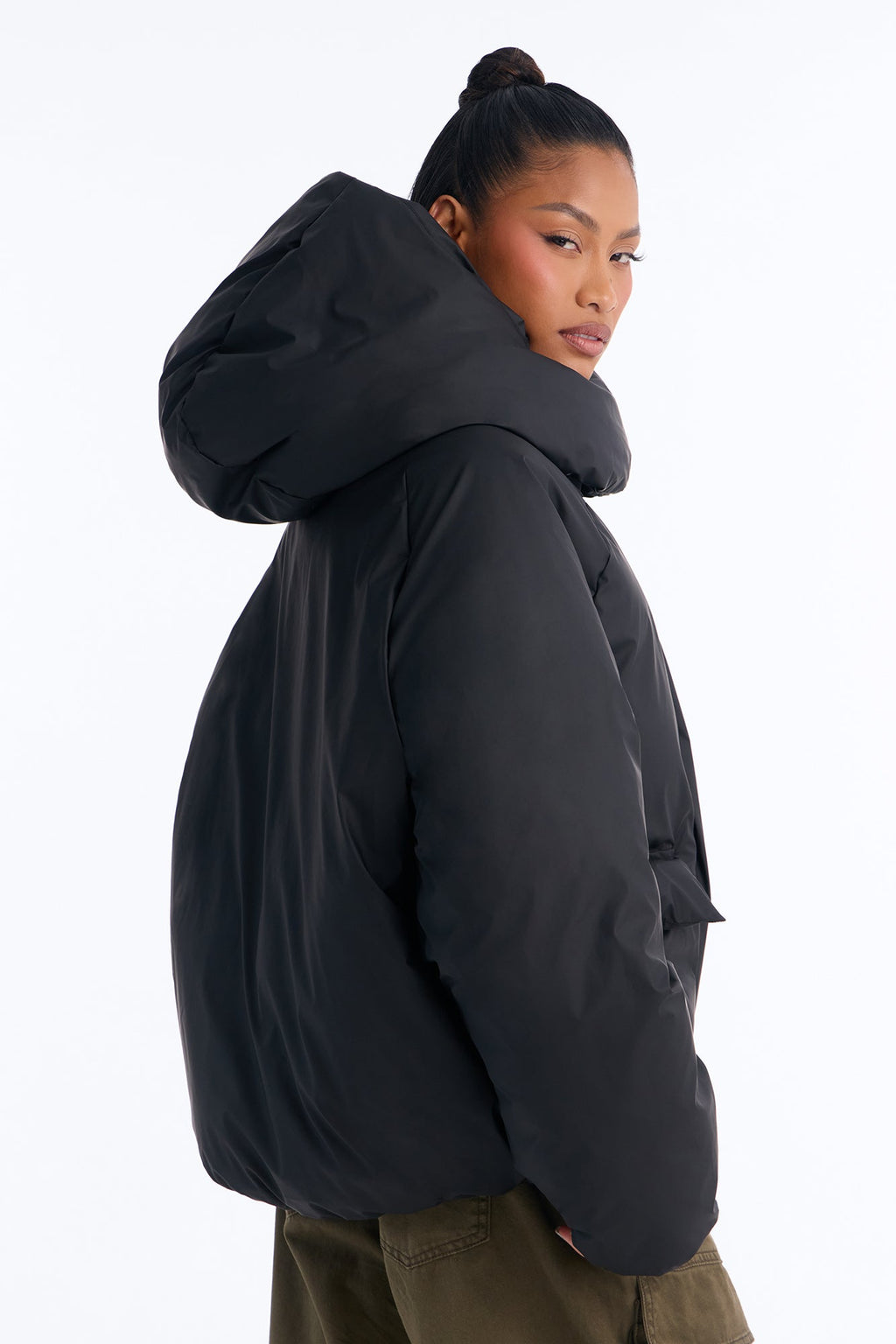 Isabella Oversized Nylon Blend Hooded Puffer Jacket - Black