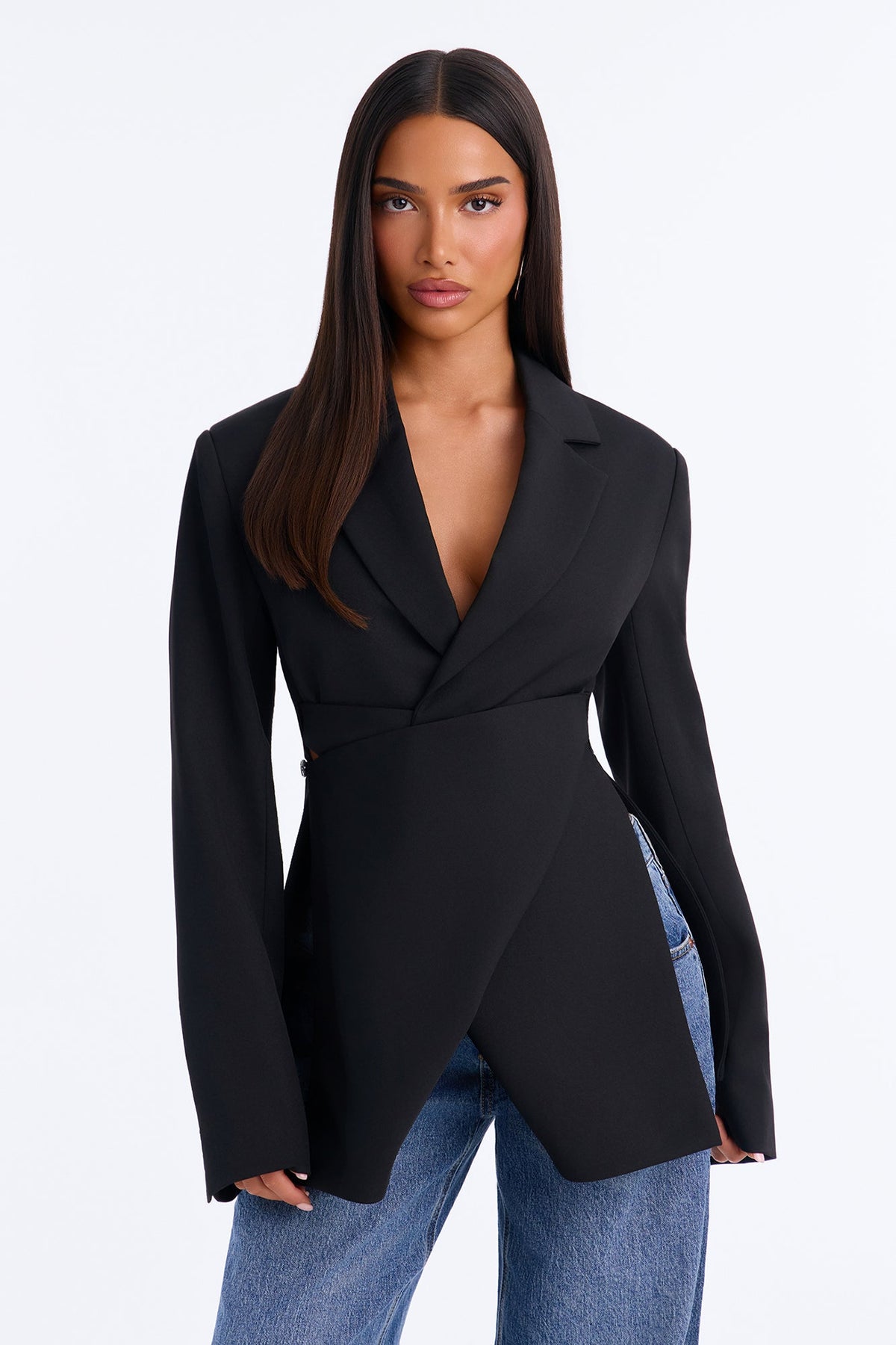 Raquelle Wrap Waist Asymmetrical Blazer - Black