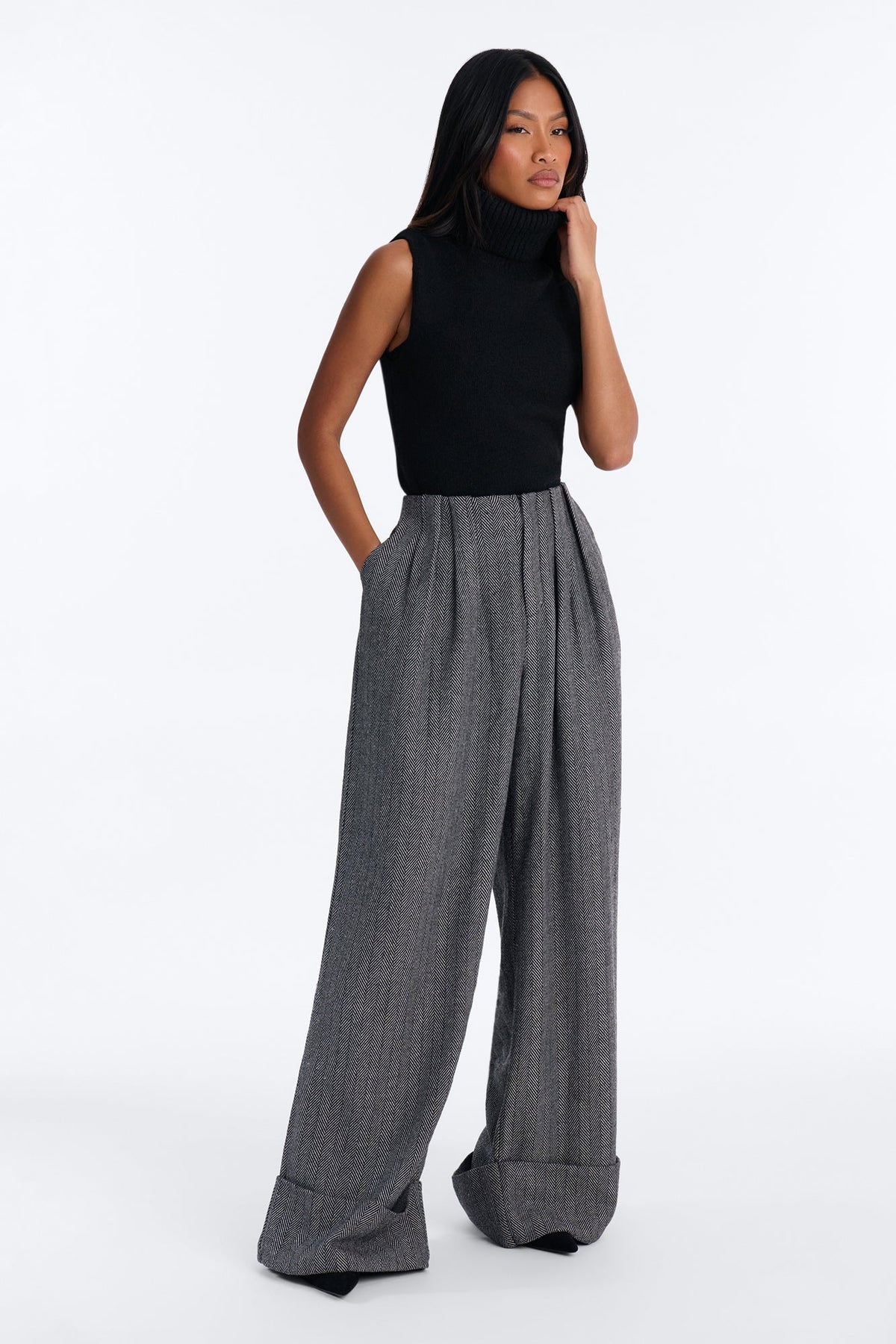 Aiko Wide Leg Pleated Tweed Trouser - Black/combo