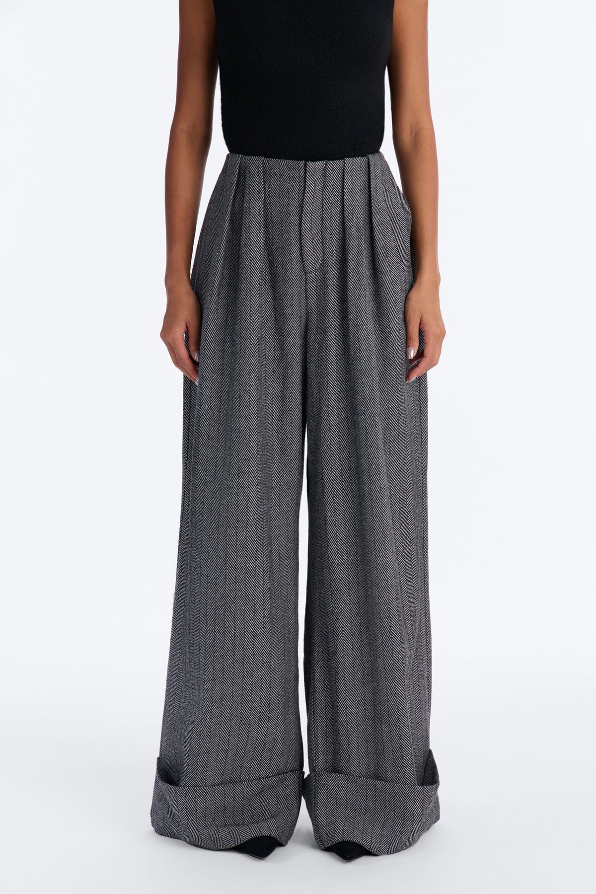 Aiko Wide Leg Pleated Tweed Trouser - Black/combo