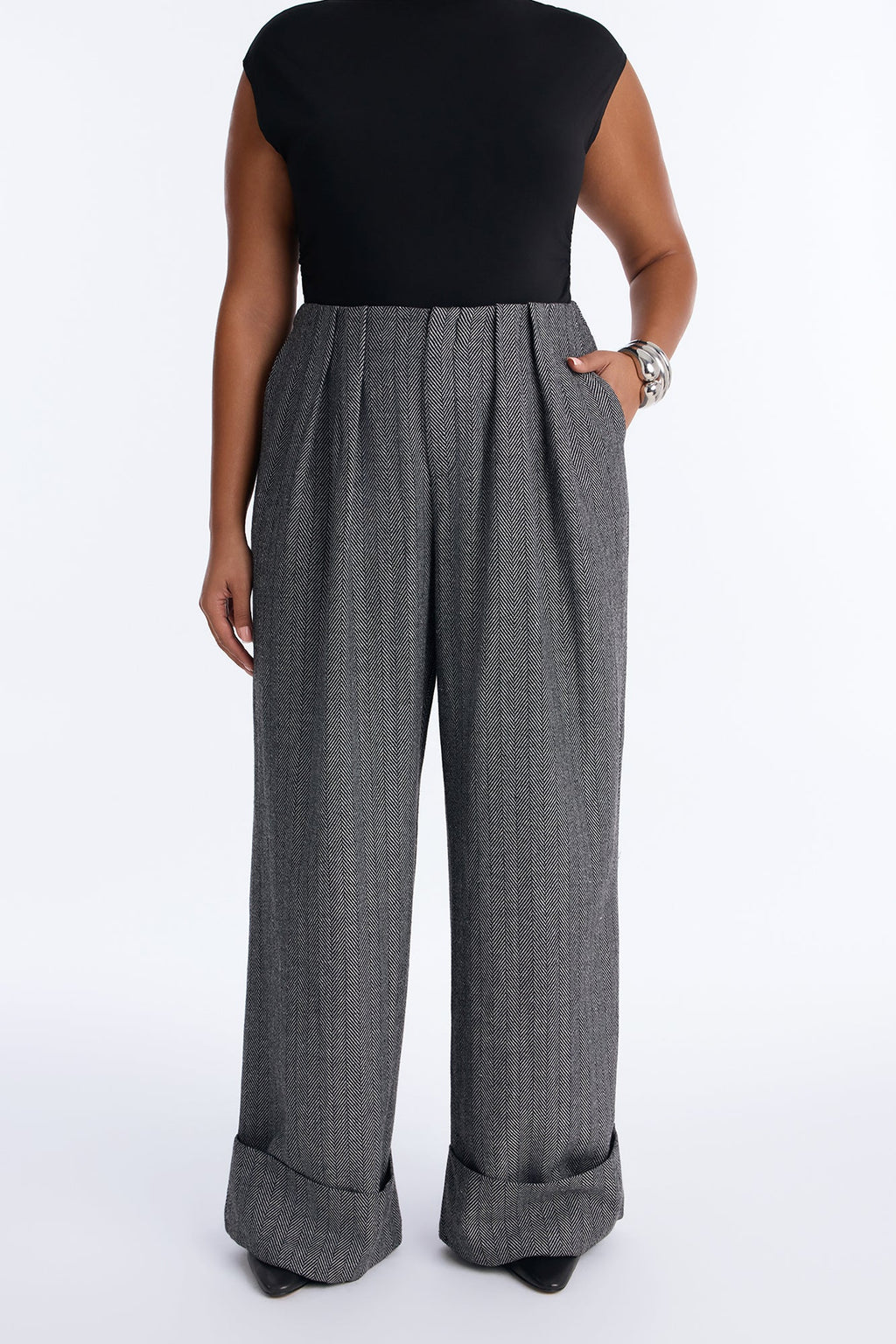 Aiko Wide Leg Pleated Tweed Trouser - Black/combo
