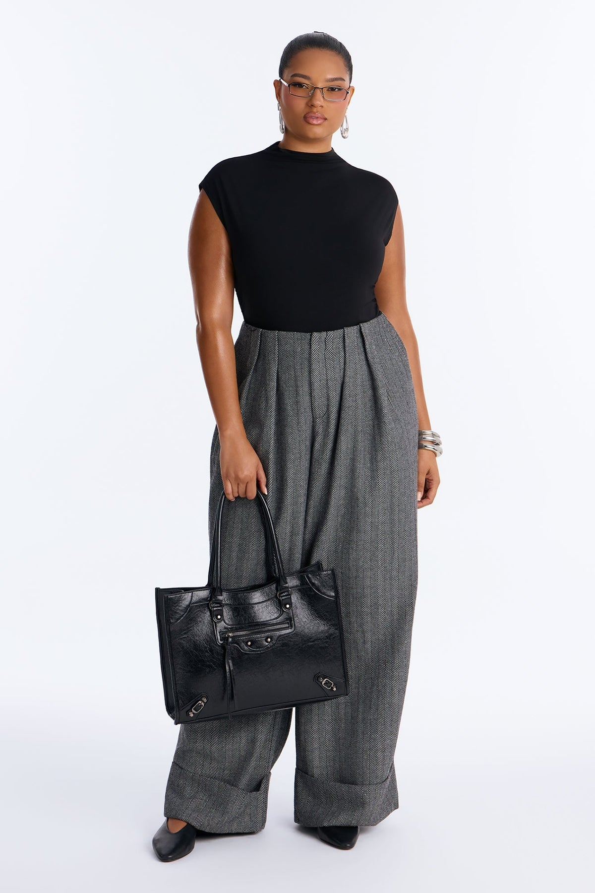 Aiko Wide Leg Pleated Tweed Trouser - Black/combo