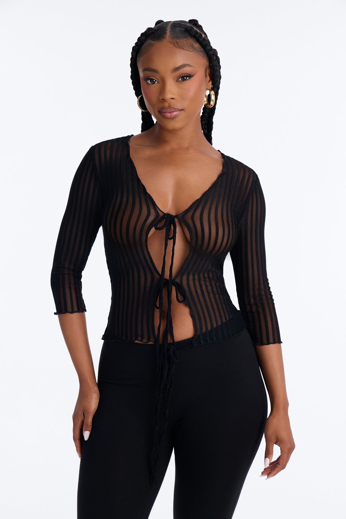 Just A Peek Sheer Mesh Tie Front Top - Black
