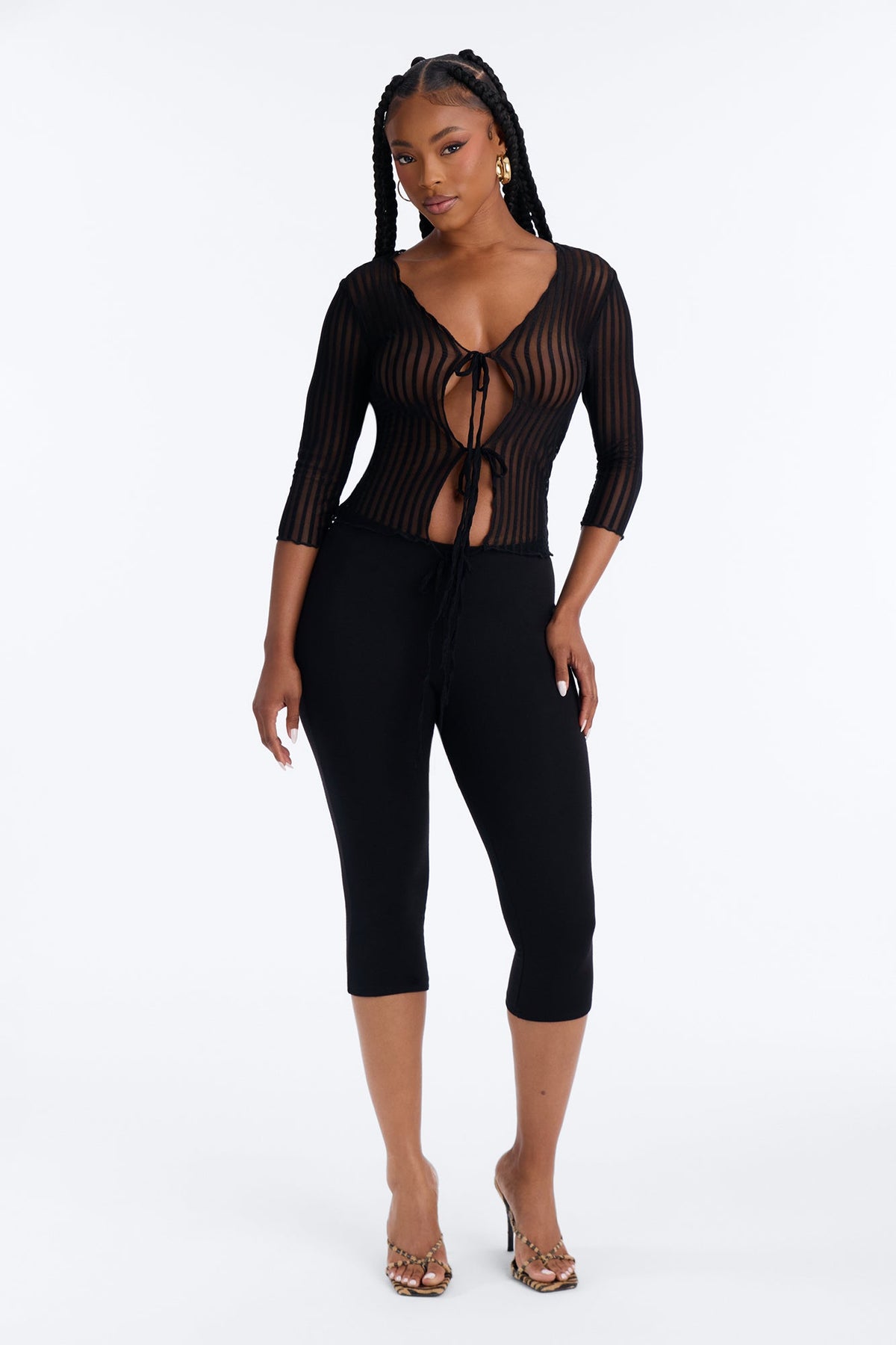 Just A Peek Sheer Mesh Tie Front Top - Black